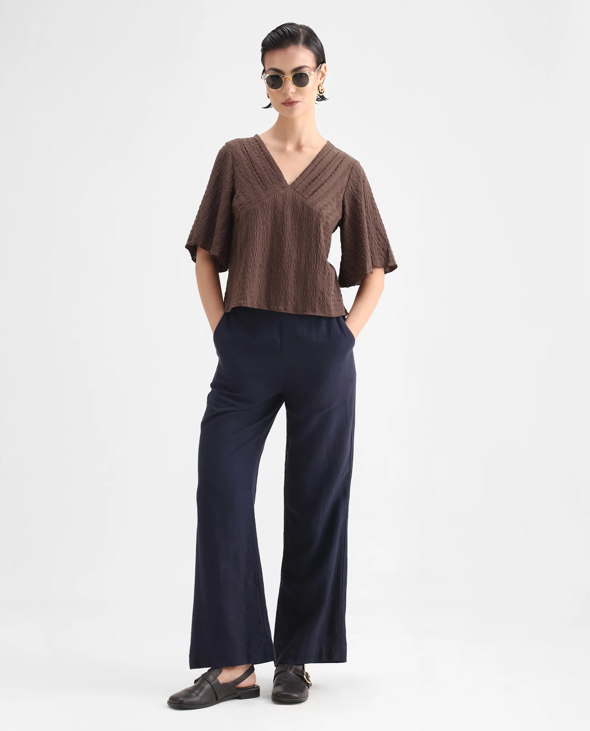 Rareism Women's Tolah Brown Polyester Blend V-Neck Plain Bell Sleeve Regular Fit Top - Image 2