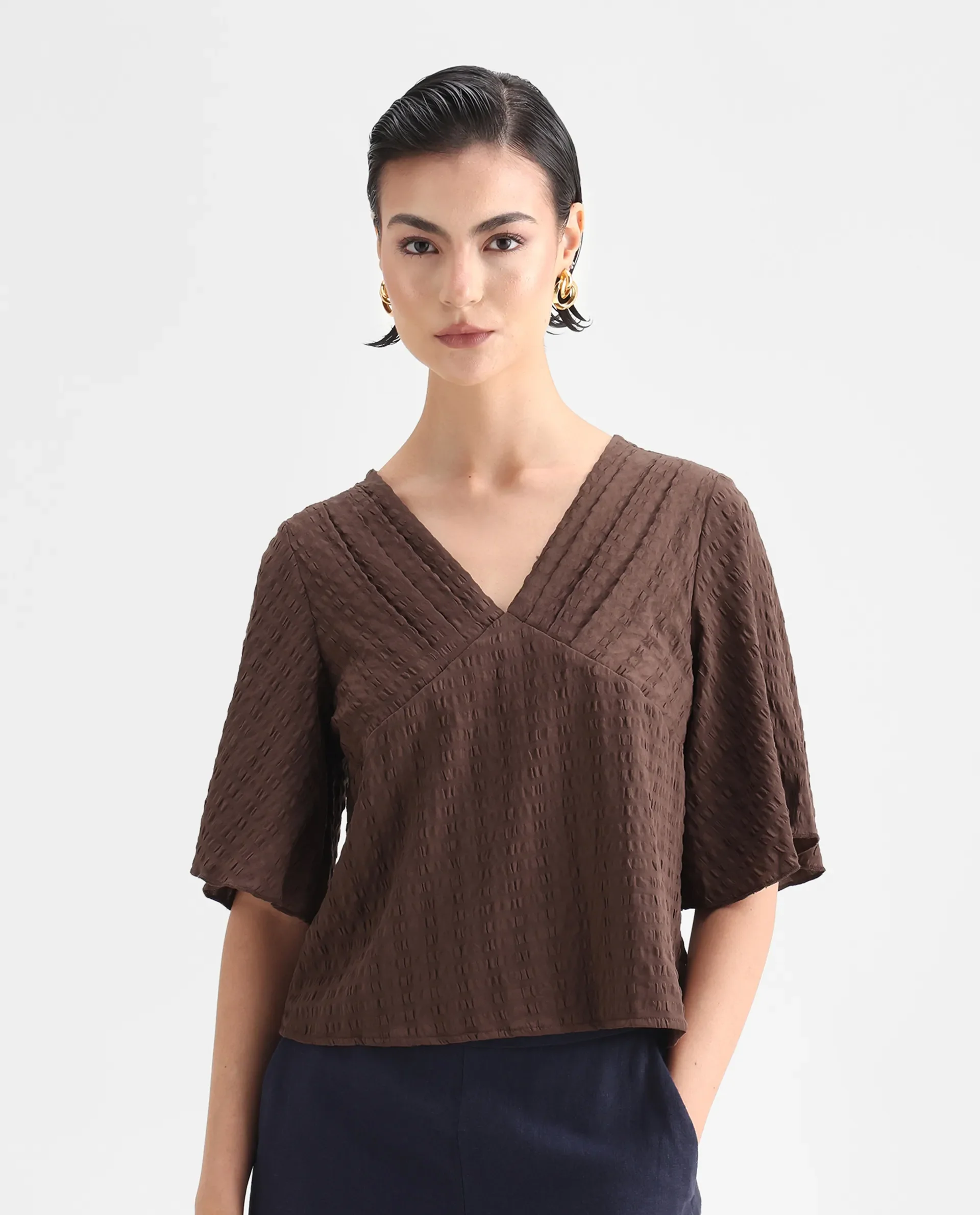 Rareism Women's Tolah Brown Polyester Blend V-Neck Plain Bell Sleeve Regular Fit Top - Image 3