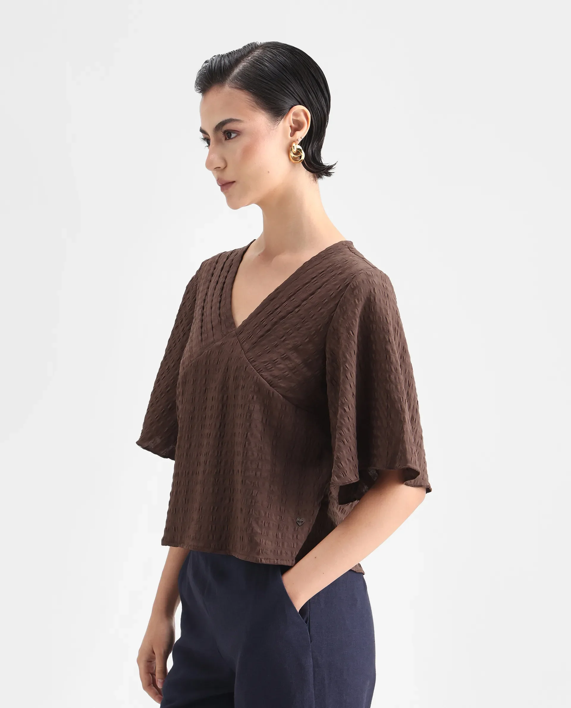 Rareism Women's Tolah Brown Polyester Blend V-Neck Plain Bell Sleeve Regular Fit Top - Image 4