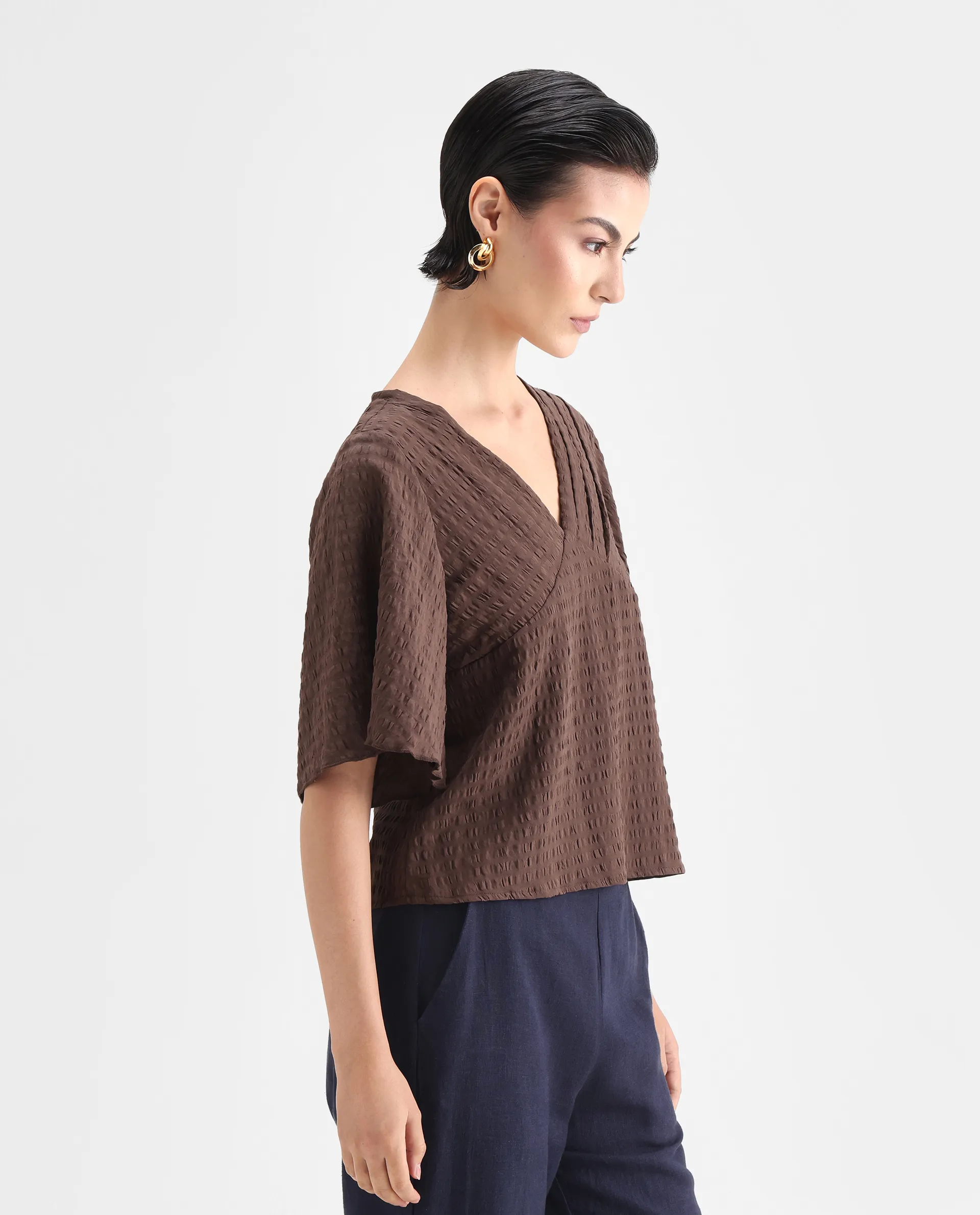Rareism Women's Tolah Brown Polyester Blend V-Neck Plain Bell Sleeve Regular Fit Top - Image 5