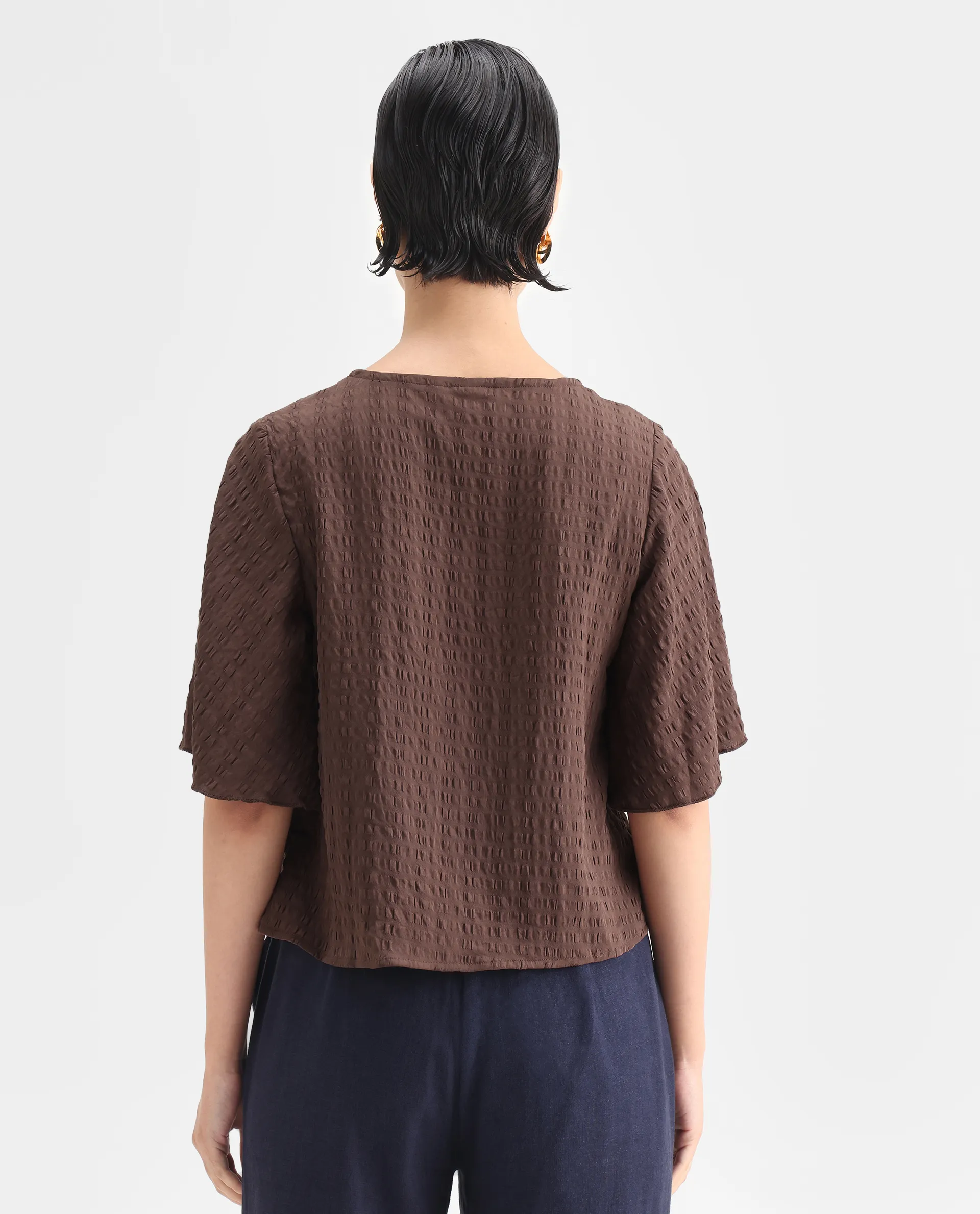 Rareism Women's Tolah Brown Polyester Blend V-Neck Plain Bell Sleeve Regular Fit Top - Image 6