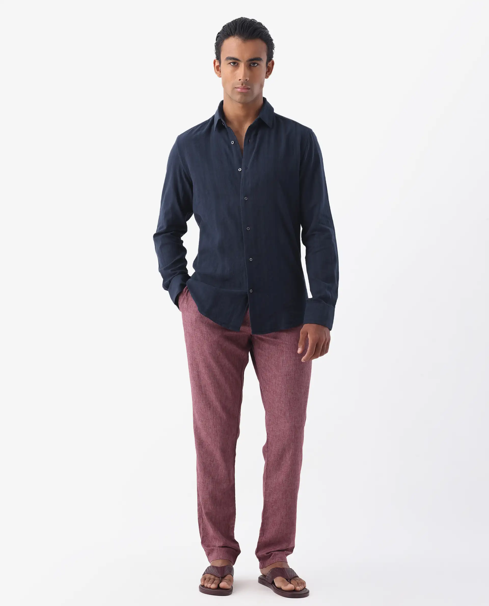 Rare Rabbit Men's Tolic Navy 100% Linen Striped Print Regular Fit Full Sleeve Collared Shirt - Image 2