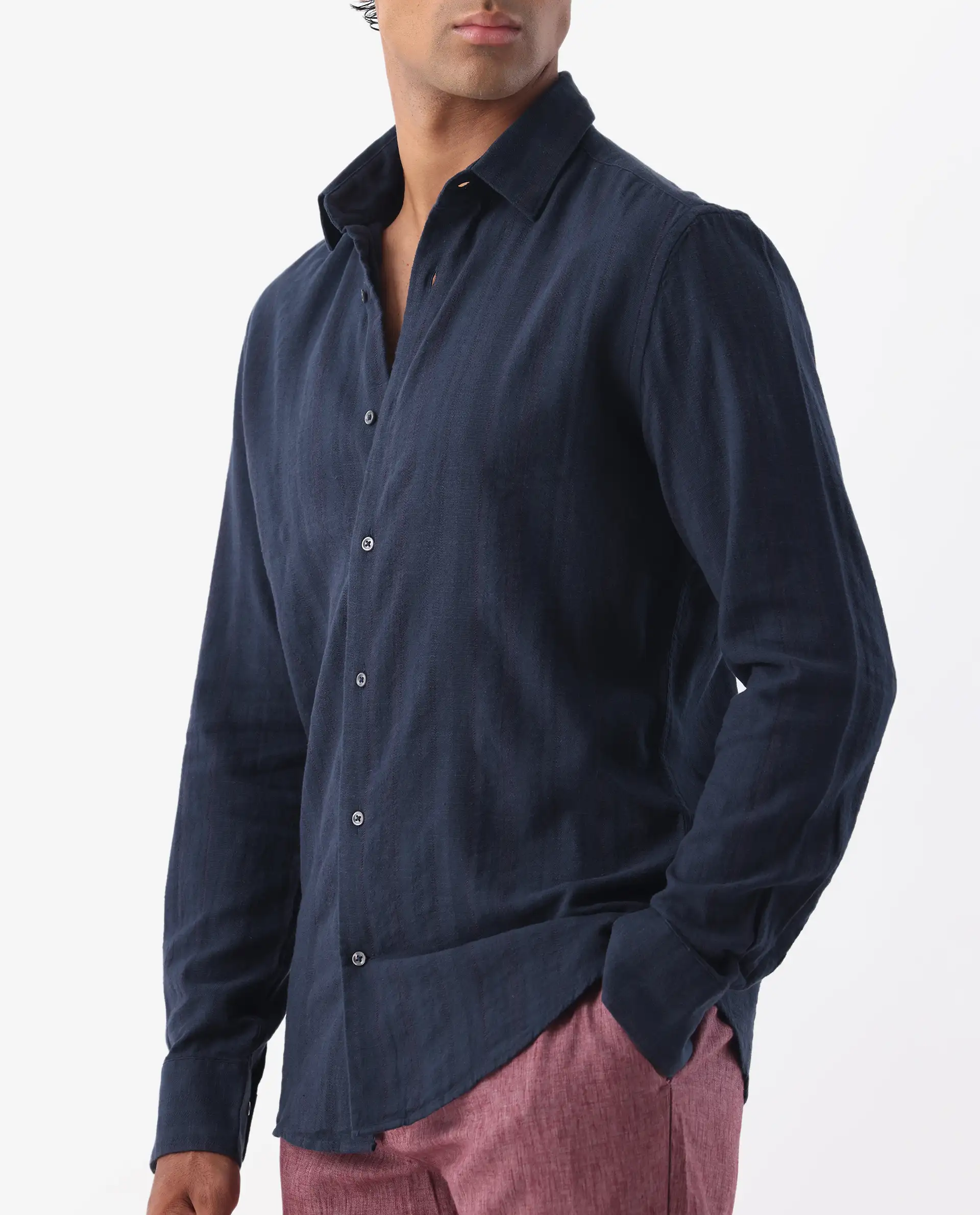 Rare Rabbit Men's Tolic Navy 100% Linen Striped Print Regular Fit Full Sleeve Collared Shirt - Image 3