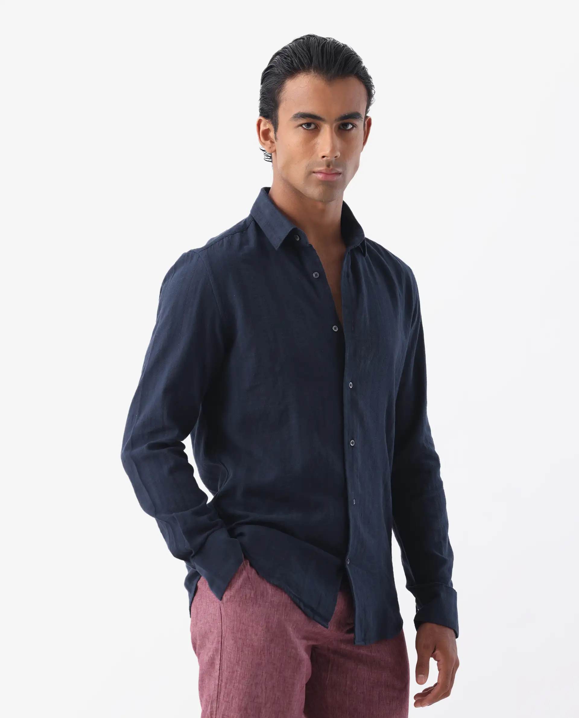 Rare Rabbit Men's Tolic Navy 100% Linen Striped Print Regular Fit Full Sleeve Collared Shirt - Image 6
