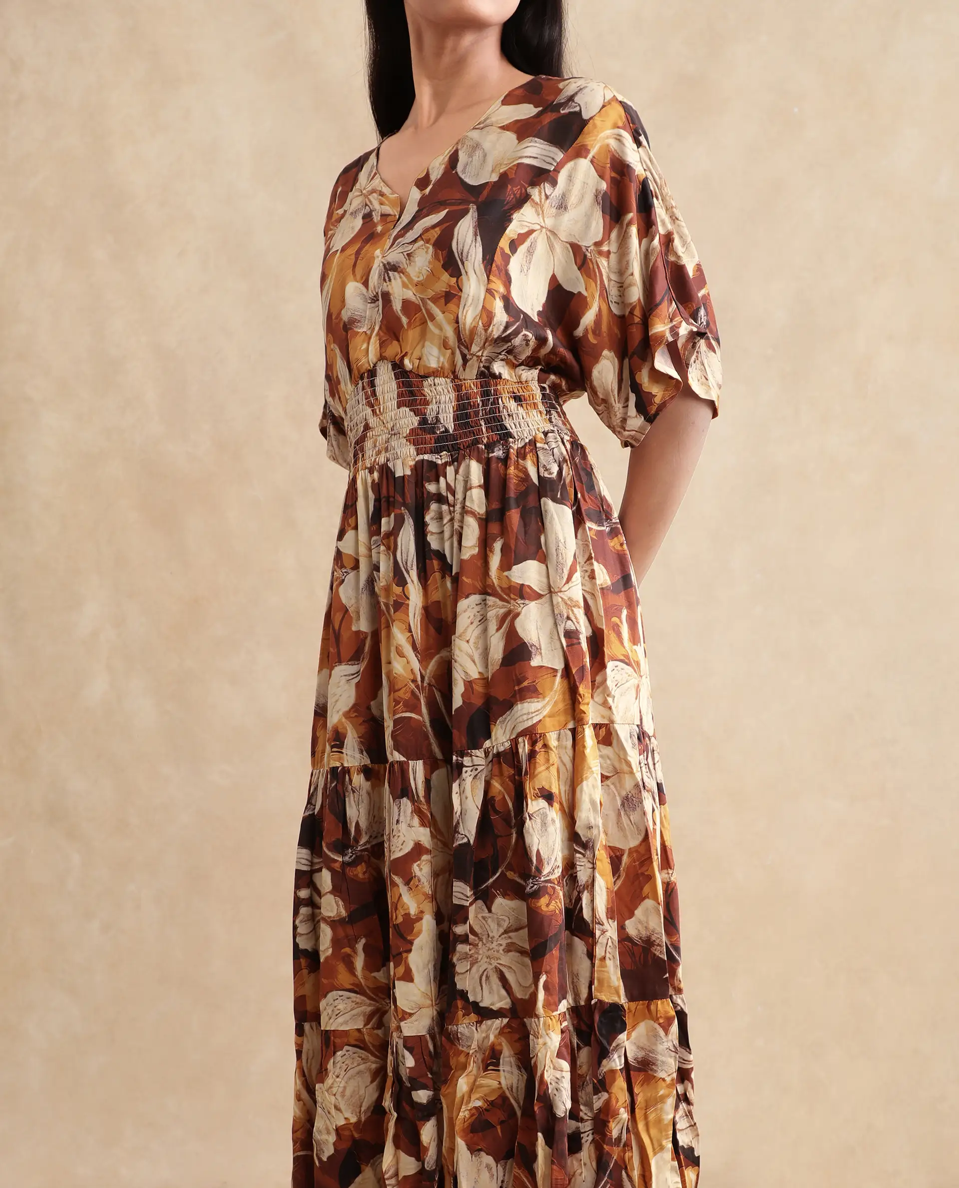 Rareism Women's Toluca Light Brown Cotton Blend V-Neck Abstract Print Bell Sleeve Midi Fit And Flare Dress - Image 4