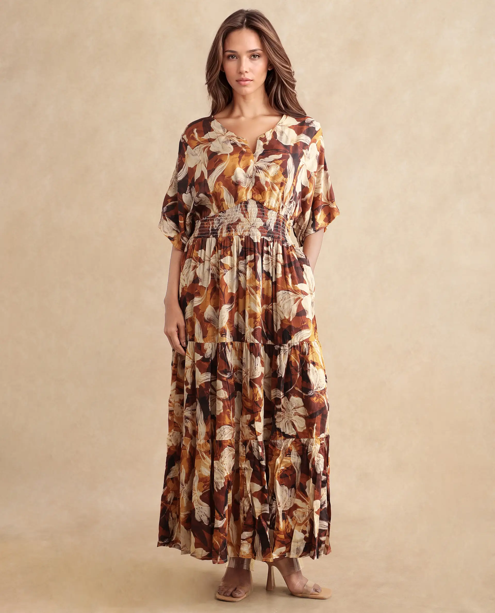 Rareism Women's Toluca Light Brown Cotton Blend V-Neck Abstract Print Bell Sleeve Midi Fit And Flare Dress - Image 5