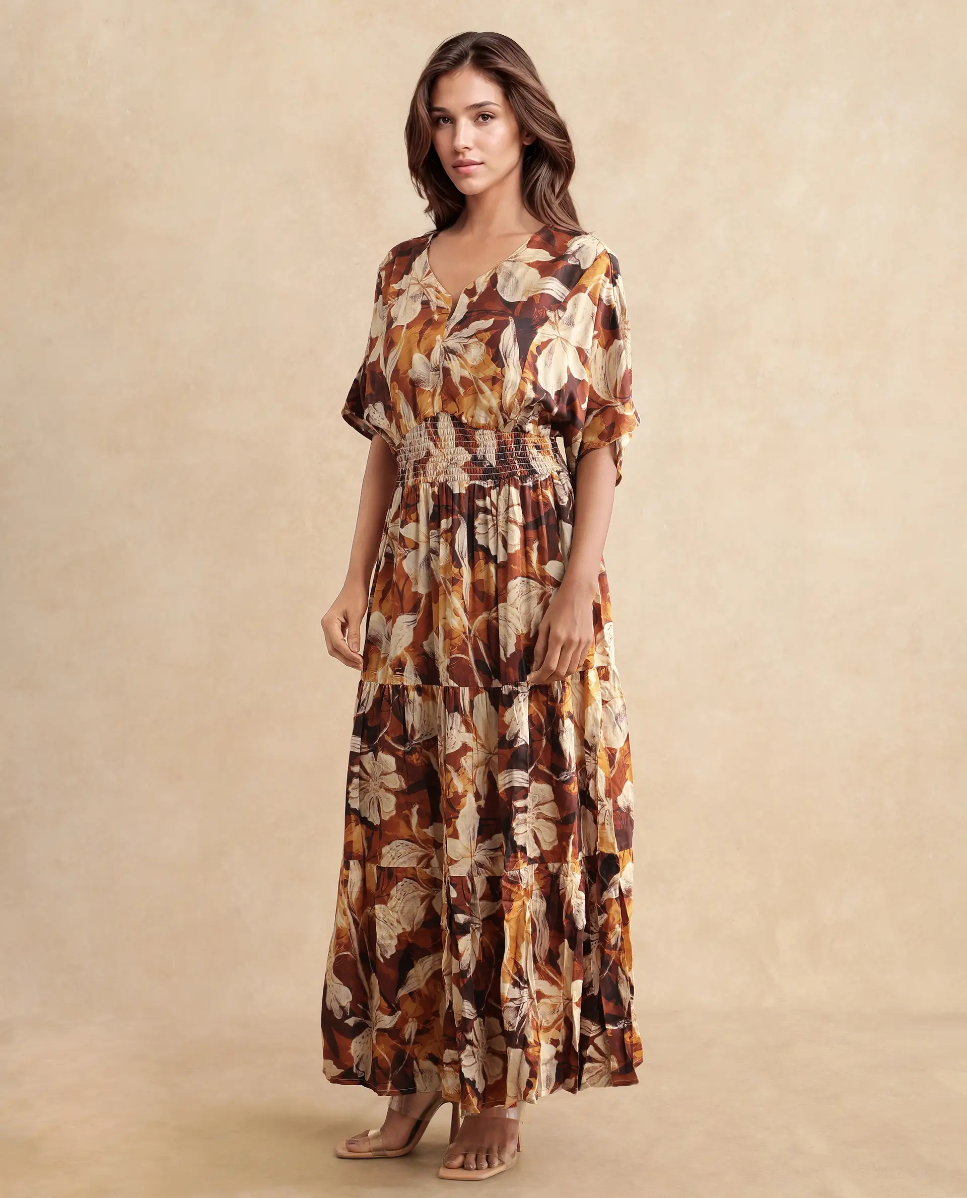 Rareism Women's Toluca Light Brown Cotton Blend V-Neck Abstract Print Bell Sleeve Midi Fit And Flare Dress - Image 6