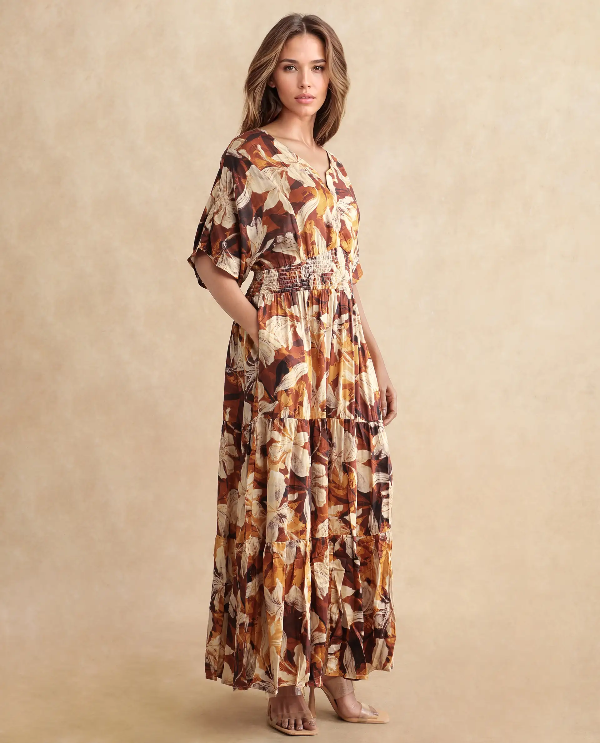 Rareism Women's Toluca Light Brown Cotton Blend V-Neck Abstract Print Bell Sleeve Midi Fit And Flare Dress - Image 7