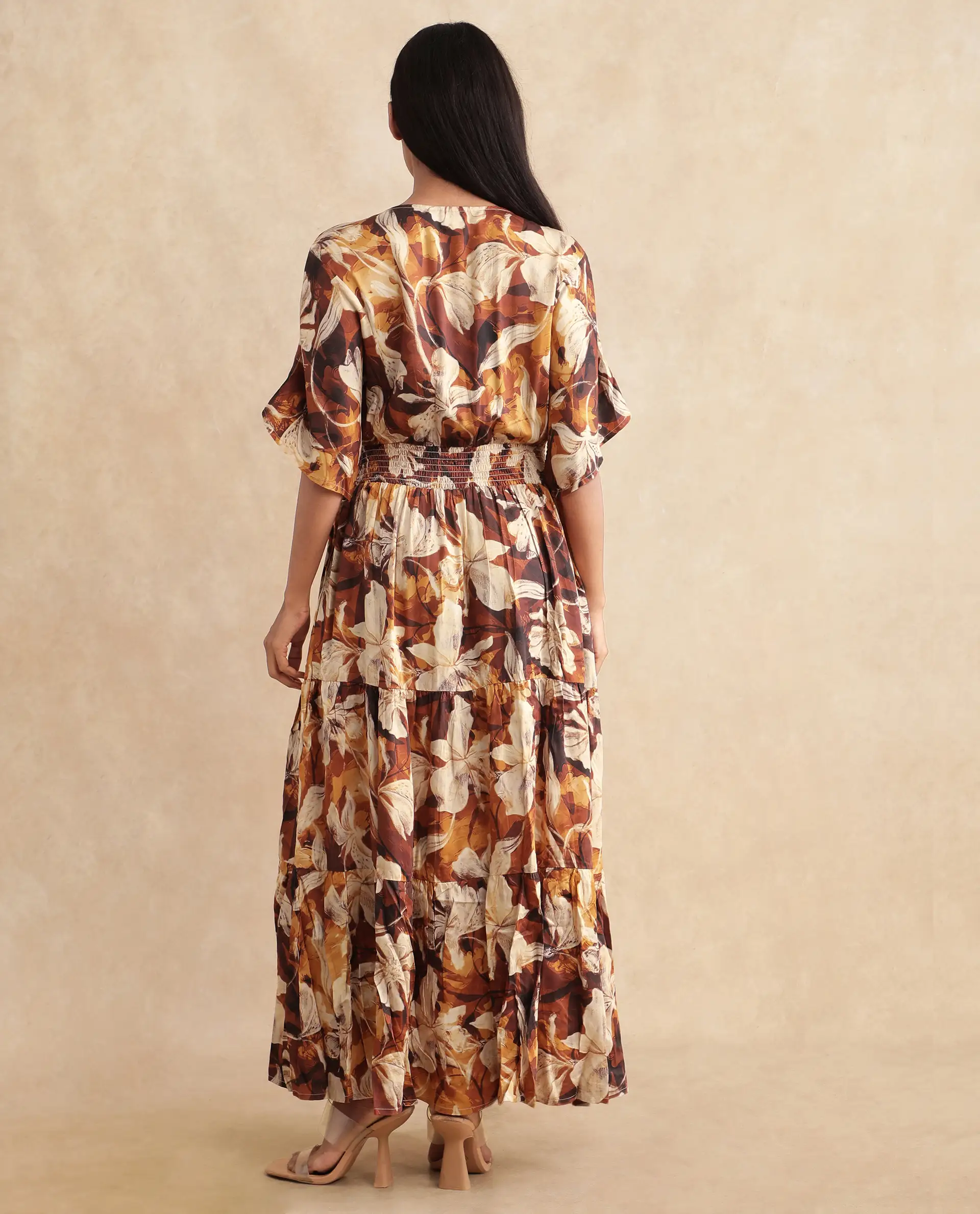 Rareism Women's Toluca Light Brown Cotton Blend V-Neck Abstract Print Bell Sleeve Midi Fit And Flare Dress - Image 8