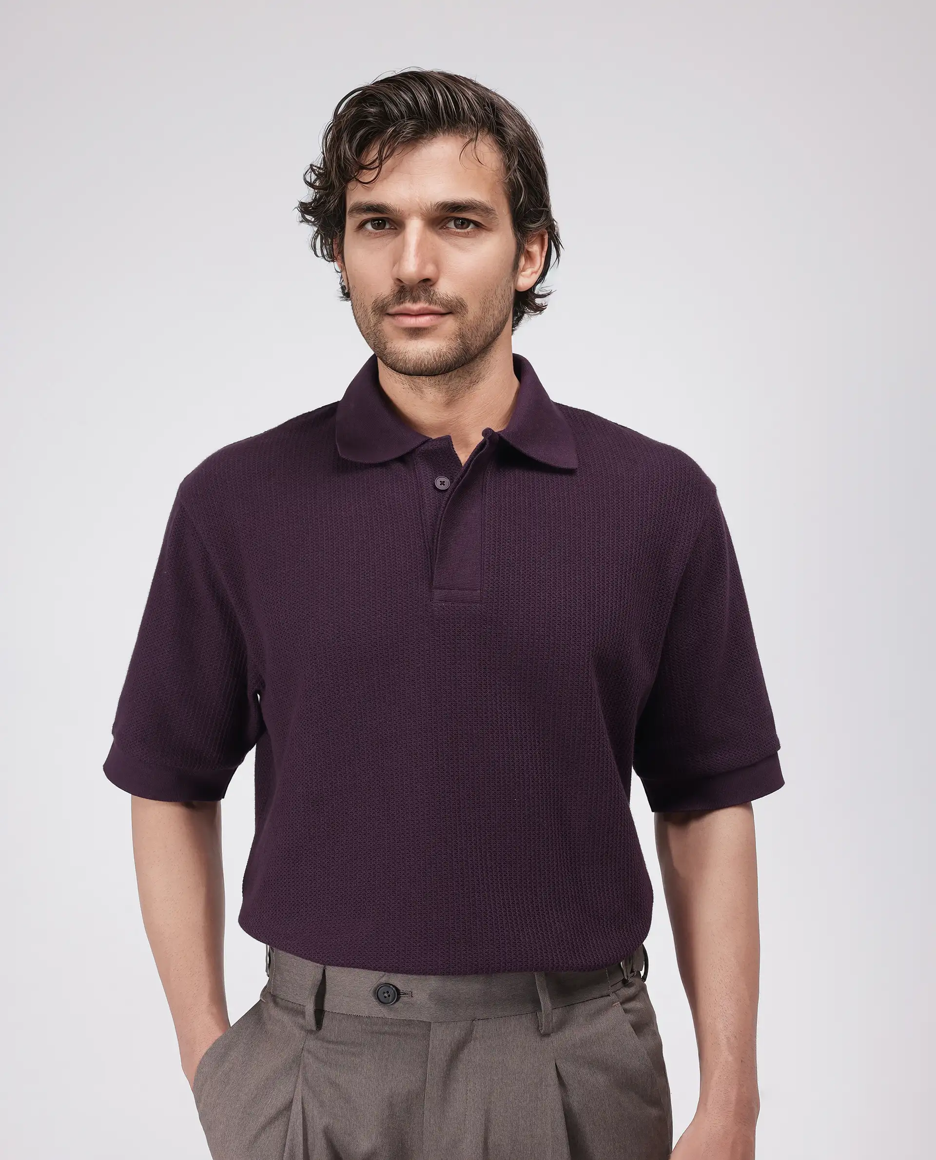 Rare Rabbit Men's Tom Dark Purple Cotton Textured Oversized Fit Half Sleeve Polo