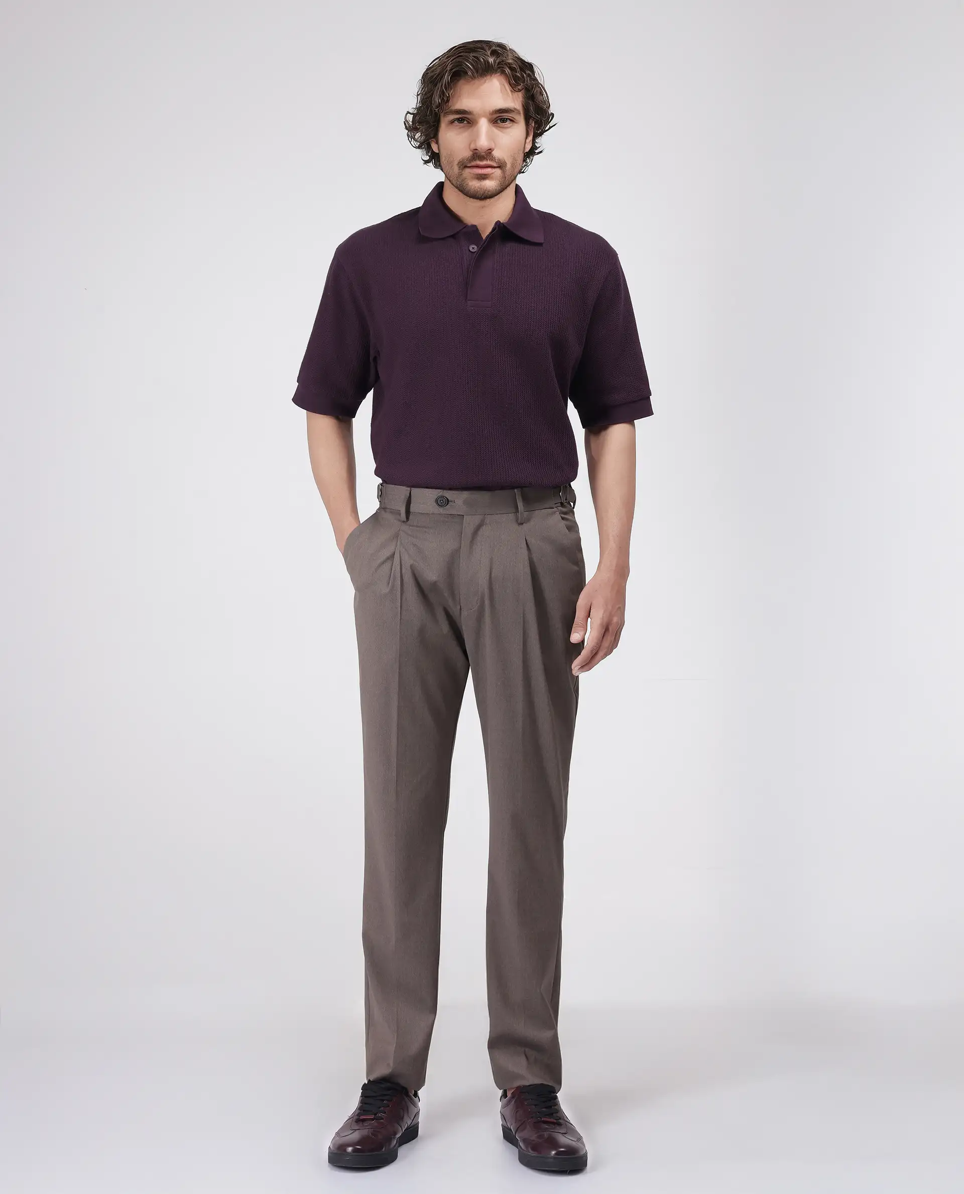 Rare Rabbit Men's Tom Dark Purple Cotton Textured Oversized Fit Half Sleeve Polo - Image 2