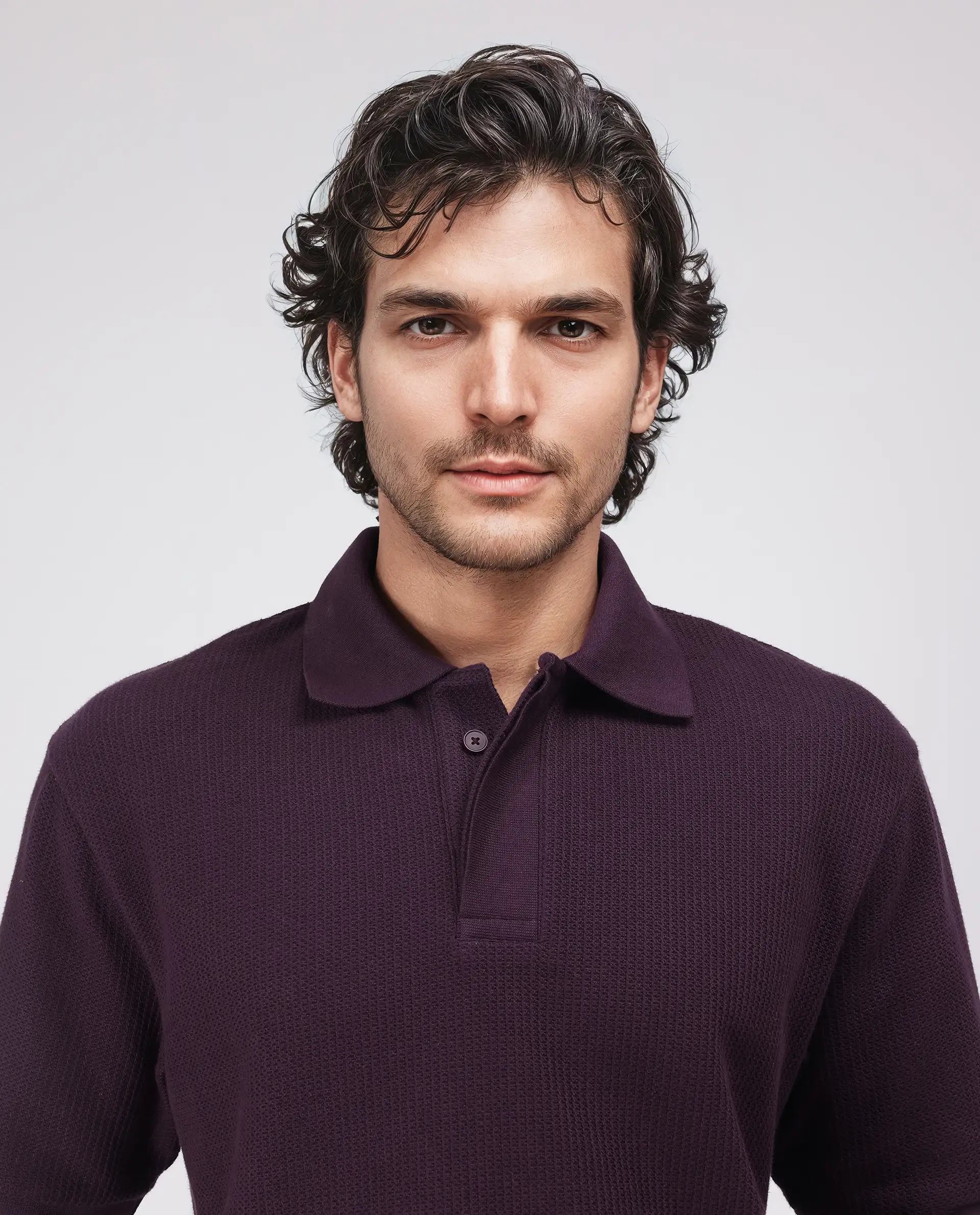 Rare Rabbit Men's Tom Dark Purple Cotton Textured Oversized Fit Half Sleeve Polo - Image 4