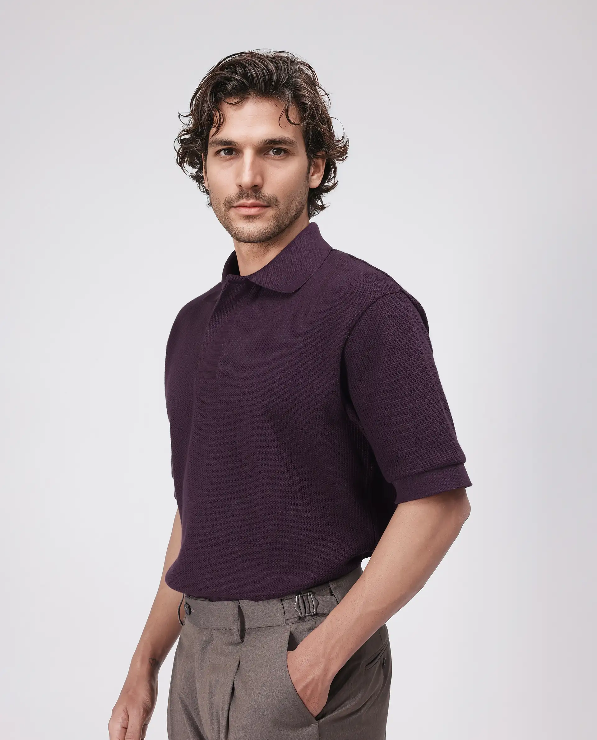 Rare Rabbit Men's Tom Dark Purple Cotton Textured Oversized Fit Half Sleeve Polo - Image 6