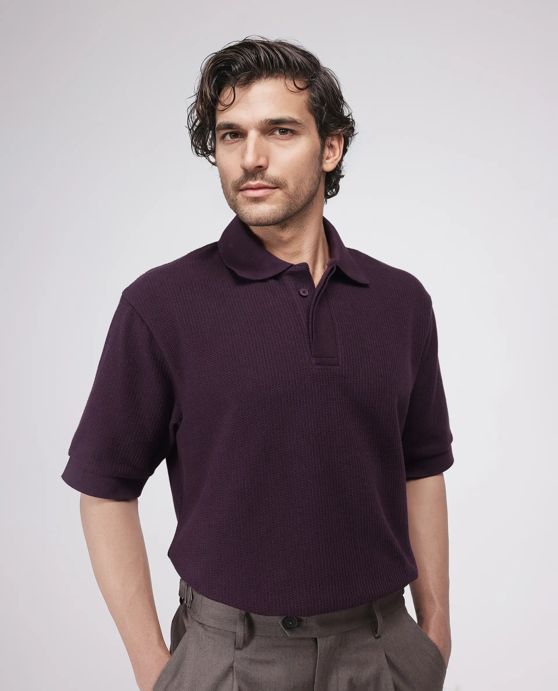 Rare Rabbit Men's Tom Dark Purple Cotton Textured Oversized Fit Half Sleeve Polo - Image 7