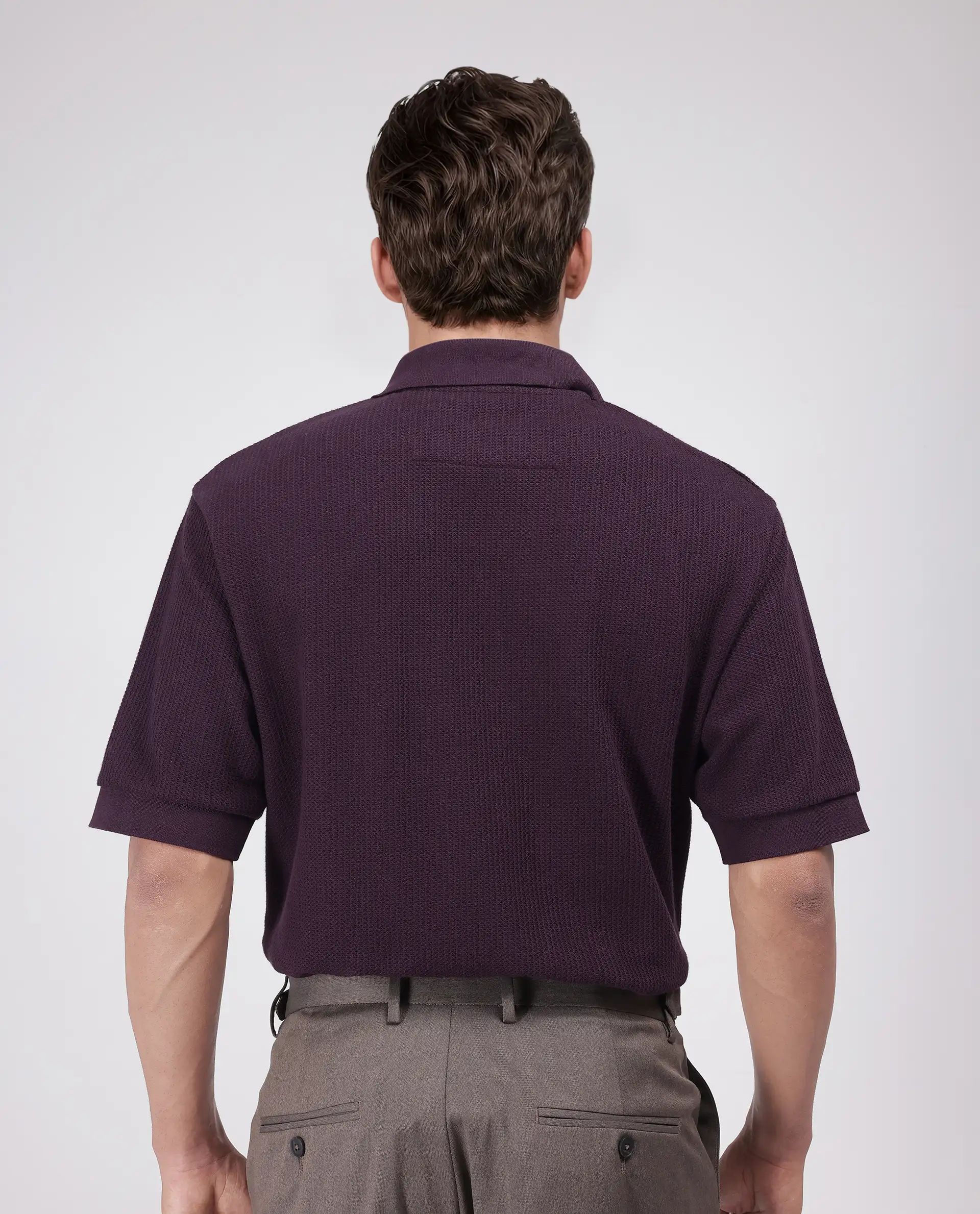 Rare Rabbit Men's Tom Dark Purple Cotton Textured Oversized Fit Half Sleeve Polo - Image 8