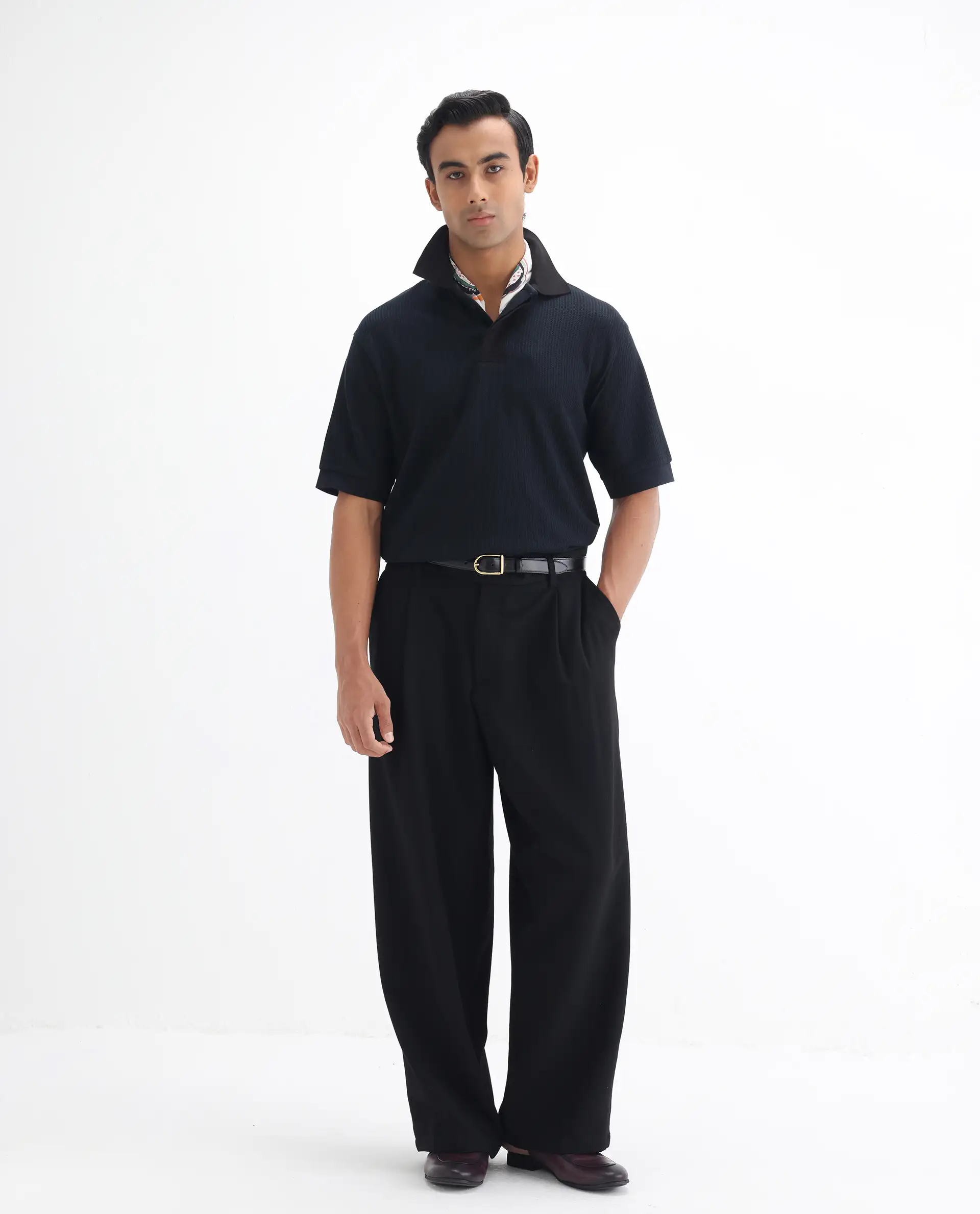 Rare Rabbit Men's Tom-N Navy Cotton Textured Oversized Fit Half Sleeve Polo - Image 2