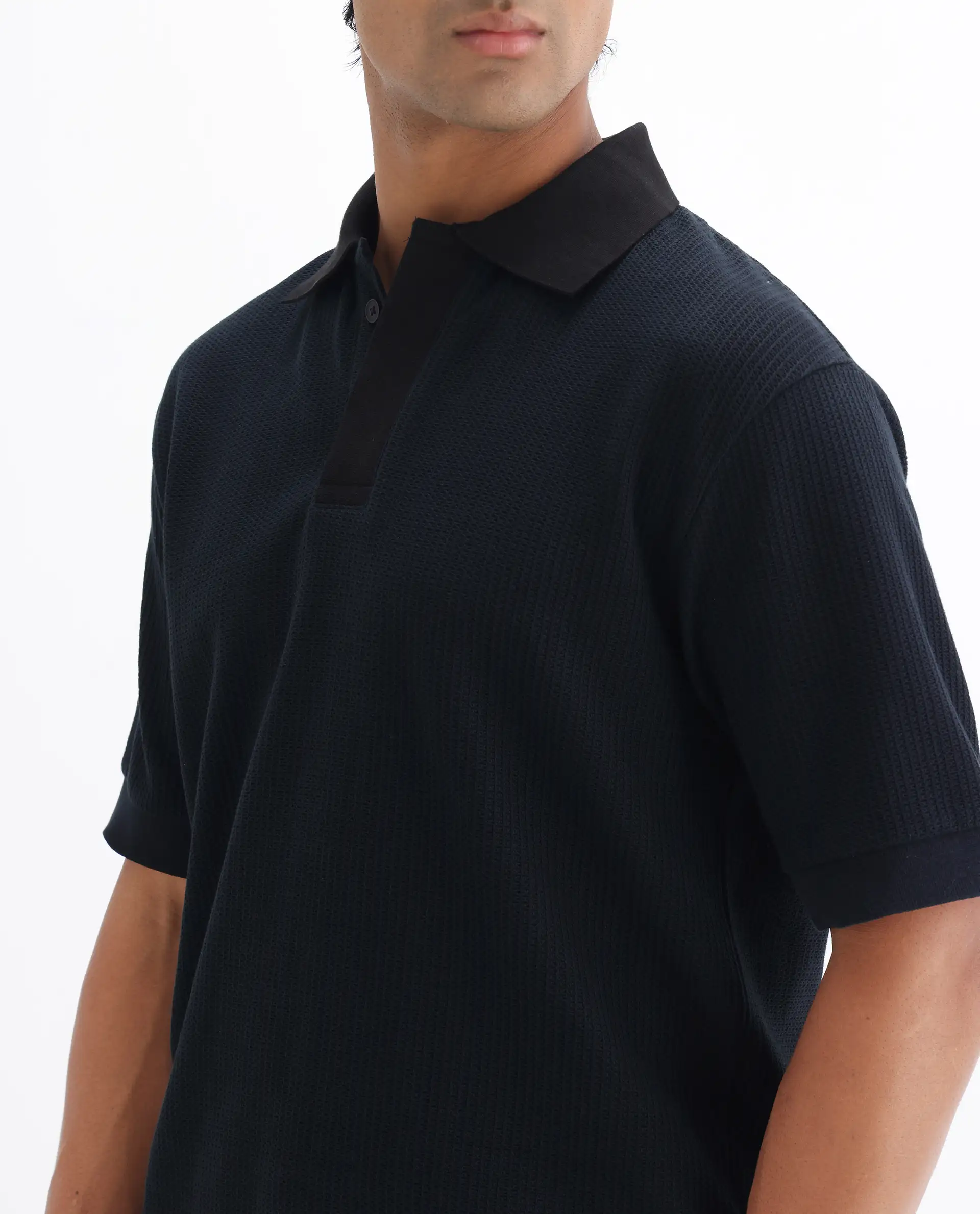 Rare Rabbit Men's Tom-N Navy Cotton Textured Oversized Fit Half Sleeve Polo - Image 3