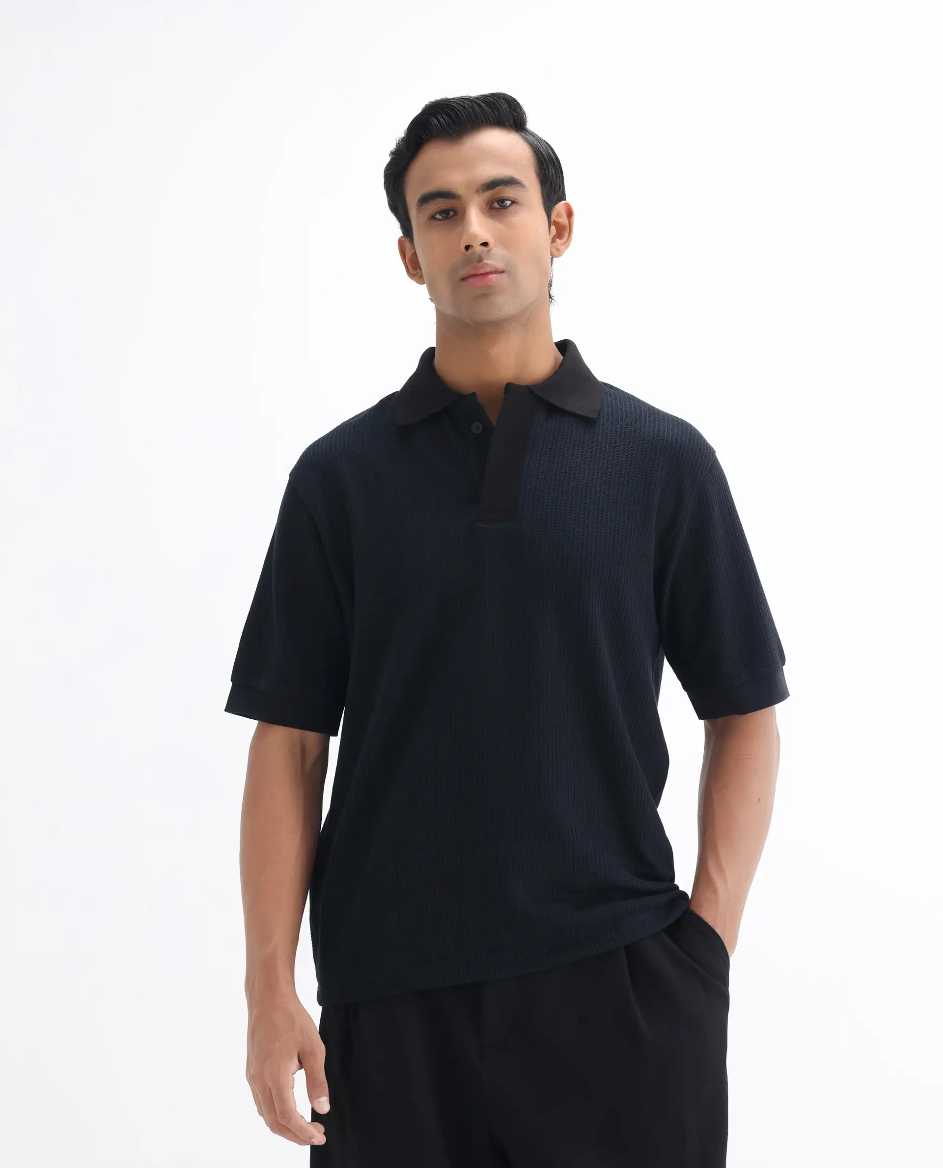 Rare Rabbit Men's Tom-N Navy Cotton Textured Oversized Fit Half Sleeve Polo - Image 4