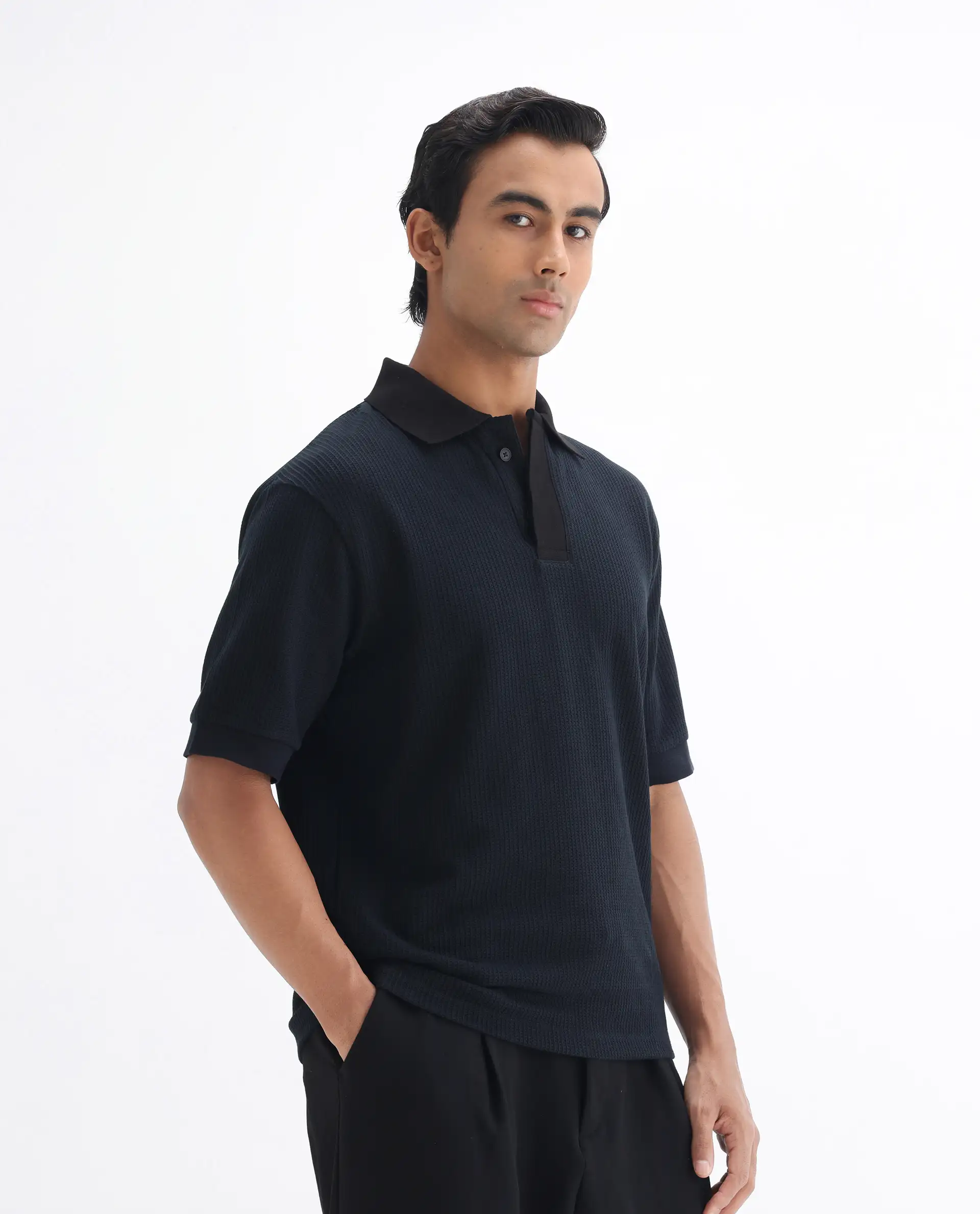 Rare Rabbit Men's Tom-N Navy Cotton Textured Oversized Fit Half Sleeve Polo - Image 5