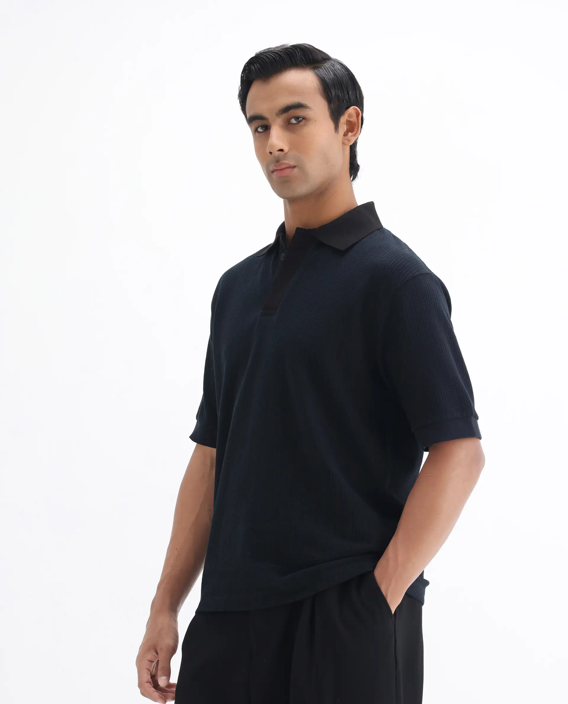 Rare Rabbit Men's Tom-N Navy Cotton Textured Oversized Fit Half Sleeve Polo - Image 6