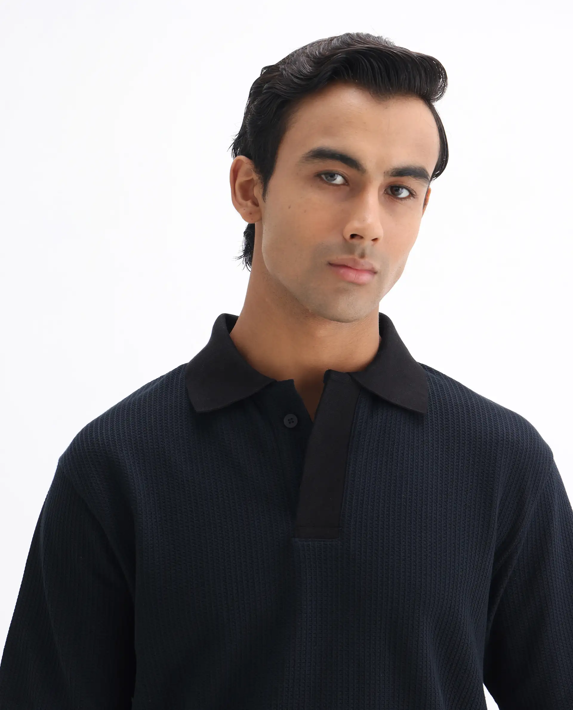 Rare Rabbit Men's Tom-N Navy Cotton Textured Oversized Fit Half Sleeve Polo - Image 7