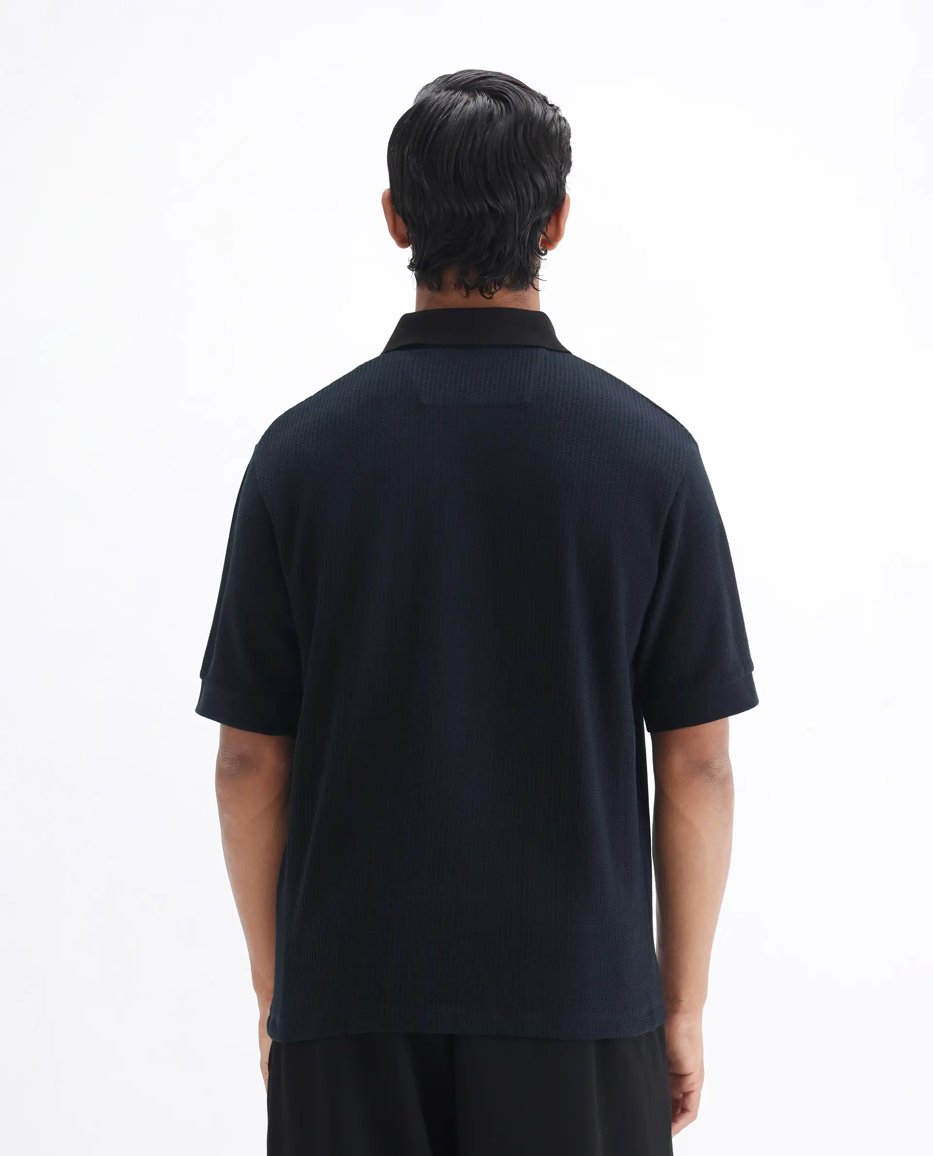 Rare Rabbit Men's Tom-N Navy Cotton Textured Oversized Fit Half Sleeve Polo - Image 8