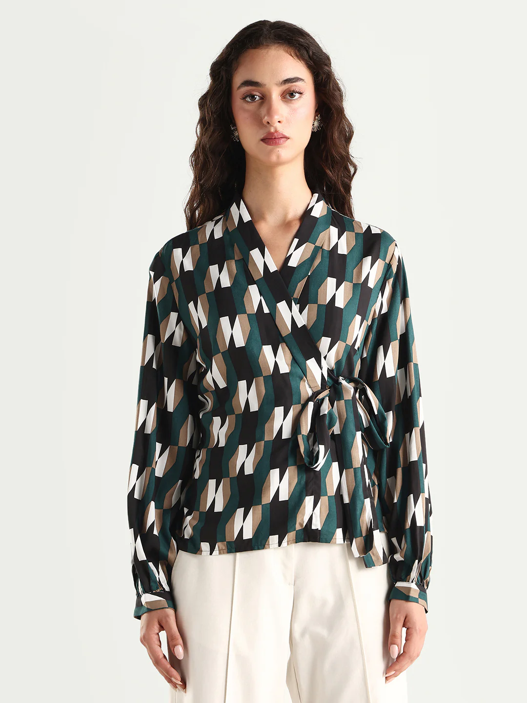Rareism Women's Tom Black Viscose V-Neck Checked Bishop Sleeve Crop Tailored Top - Image 4