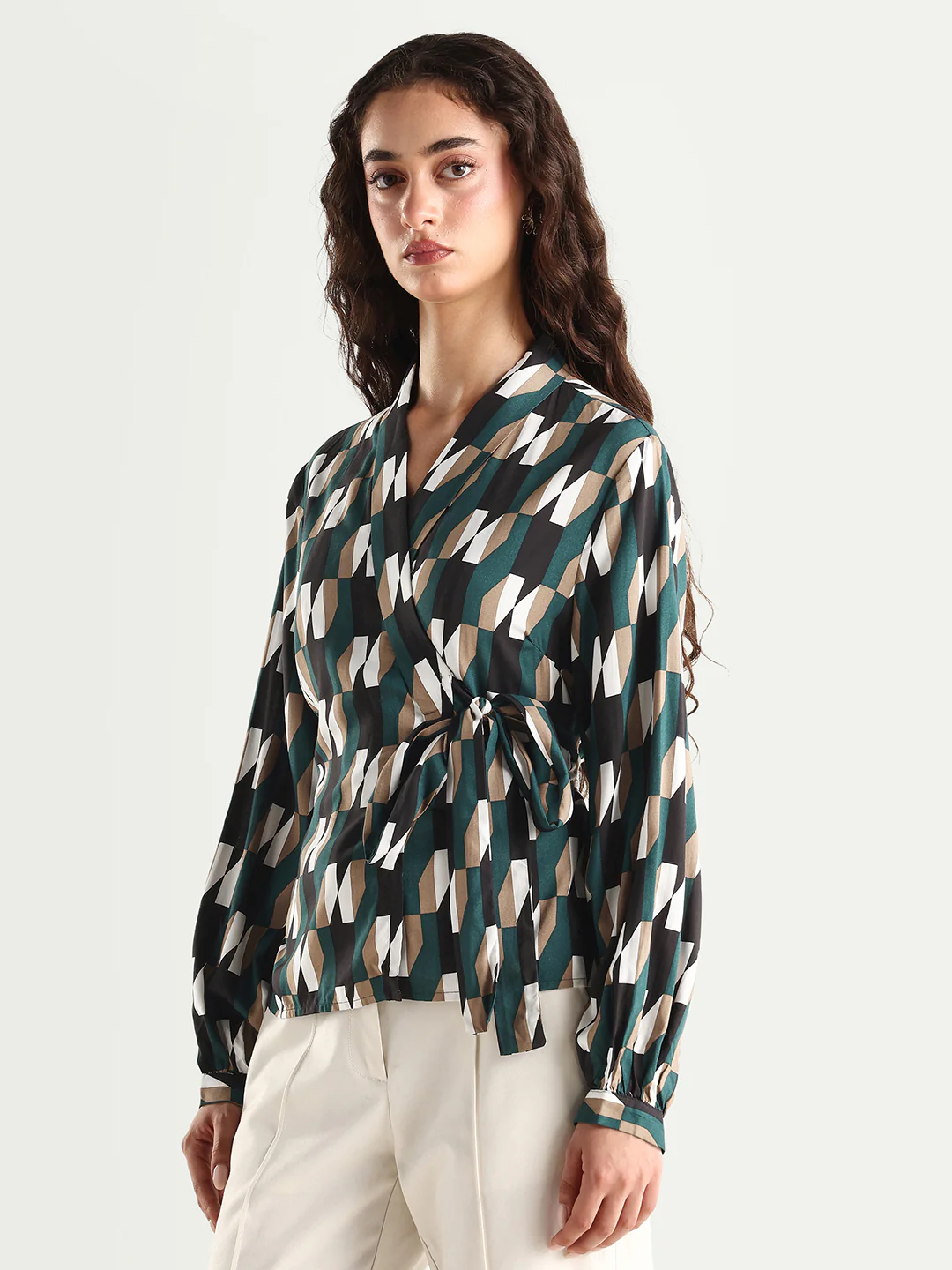 Rareism Women's Tom Black Viscose V-Neck Checked Bishop Sleeve Crop Tailored Top - Image 5