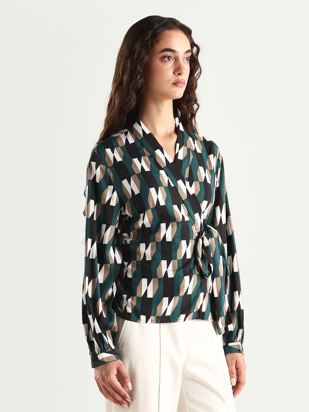 Rareism Women's Tom Black Viscose V-Neck Checked Bishop Sleeve Crop Tailored Top - Image 6