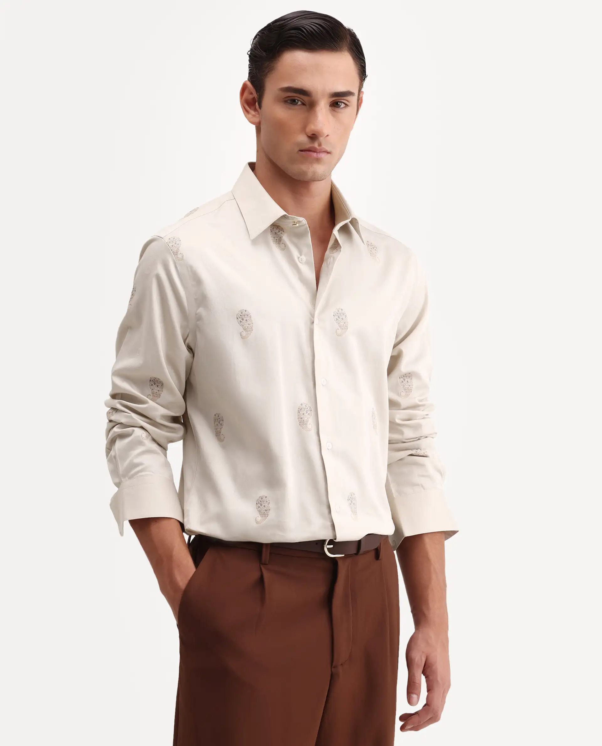 Rare Rabbit Men's Tome Beige Cotton Fabric Full Sleeve Spread Collar Button Regular Jacquard Shirt - Image 4