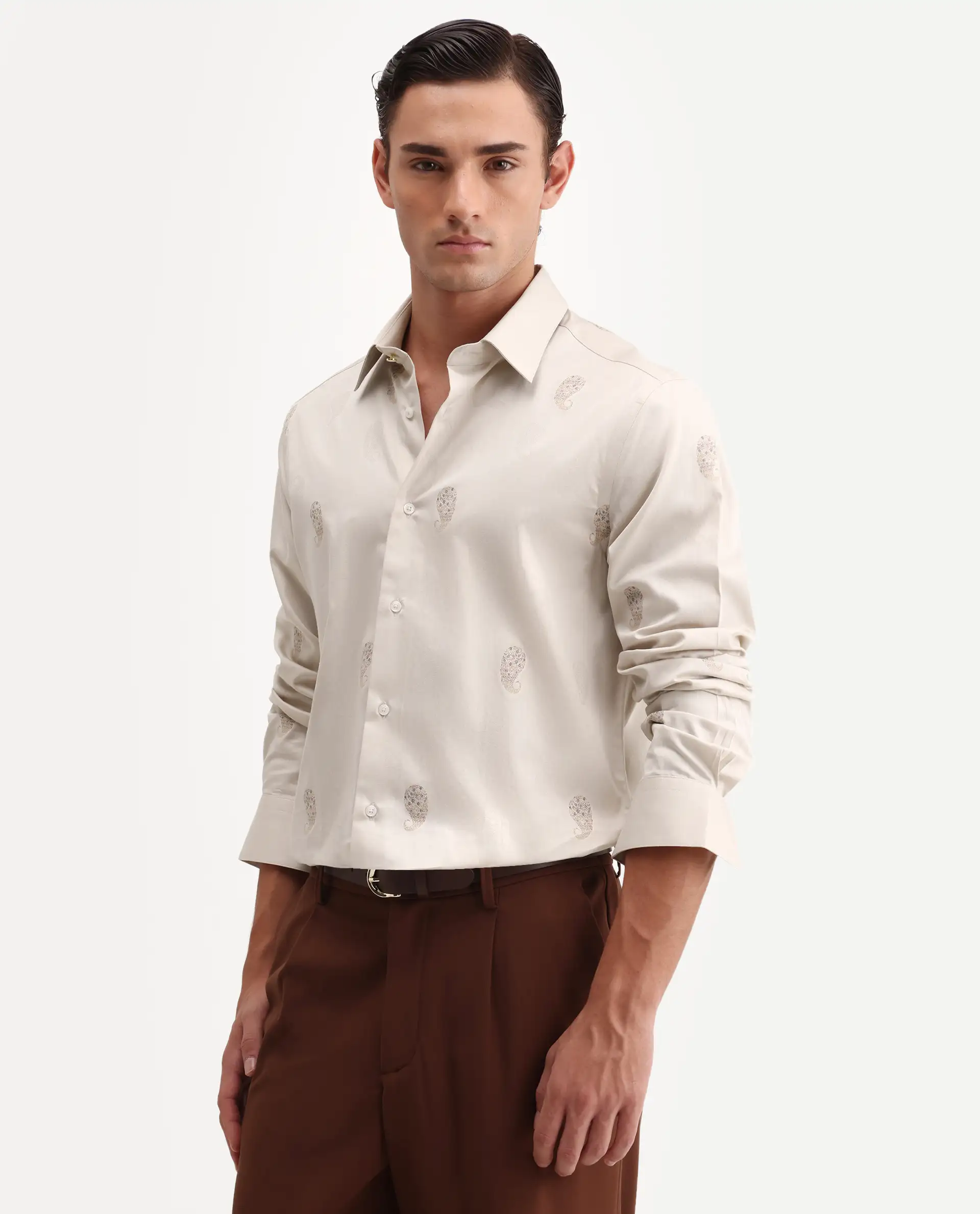 Rare Rabbit Men's Tome Beige Cotton Fabric Full Sleeve Spread Collar Button Regular Jacquard Shirt - Image 5