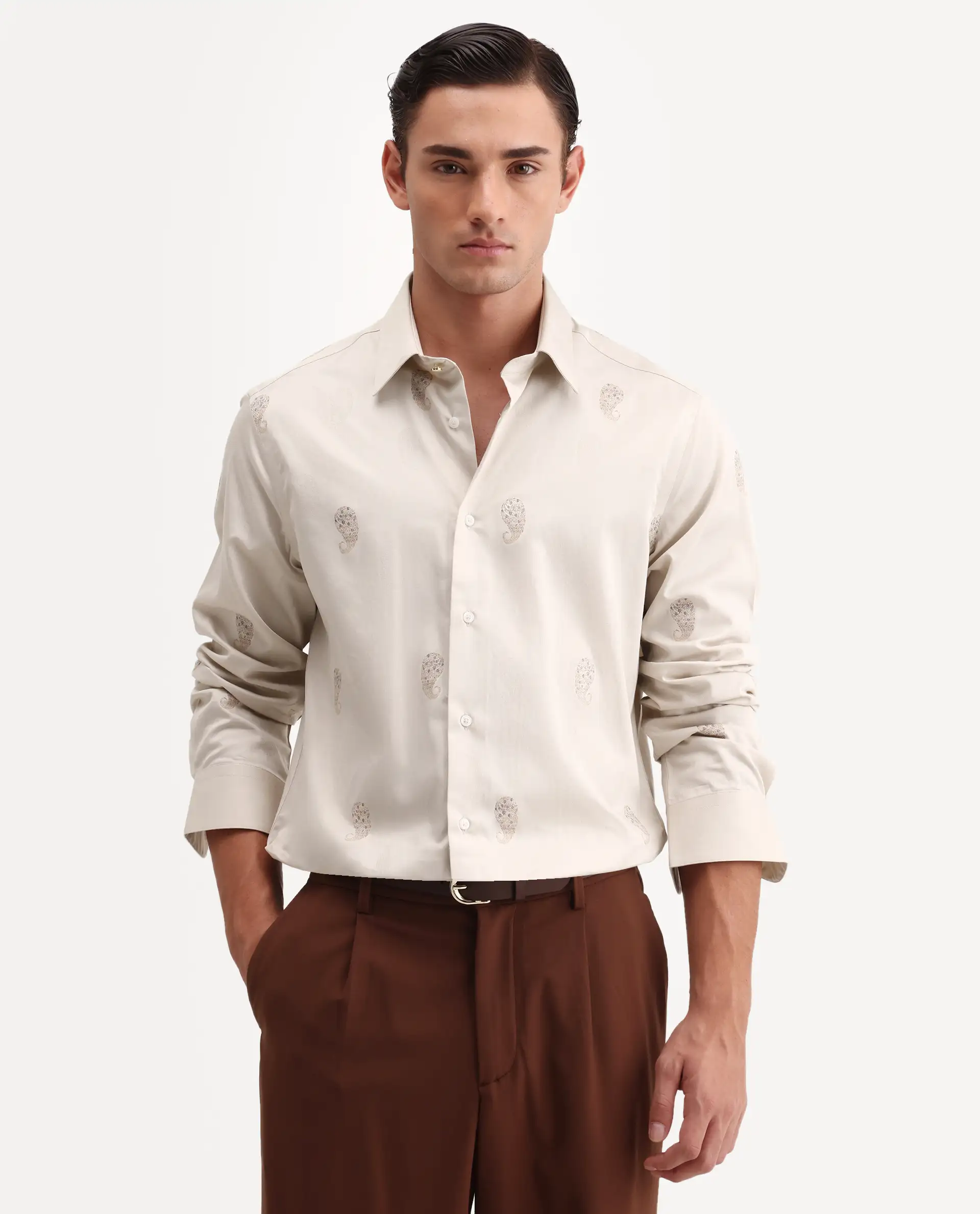 Rare Rabbit Men's Tome Beige Cotton Fabric Full Sleeve Spread Collar Button Regular Jacquard Shirt - Image 6