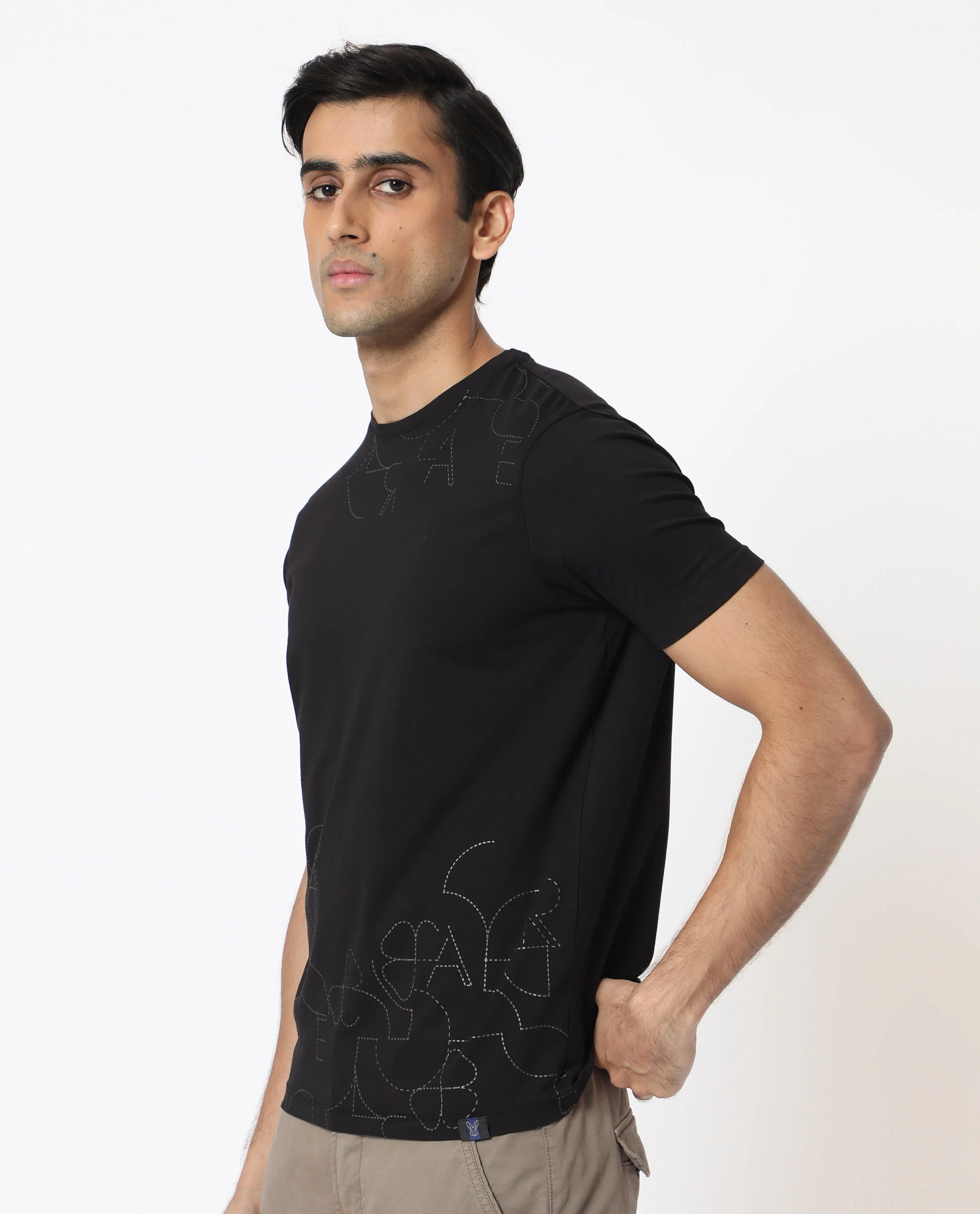 Rare Rabbit Men's Tona Black Velvet Plain Slim Fit Half Sleeve Crew Neck T-Shirt - Image 4