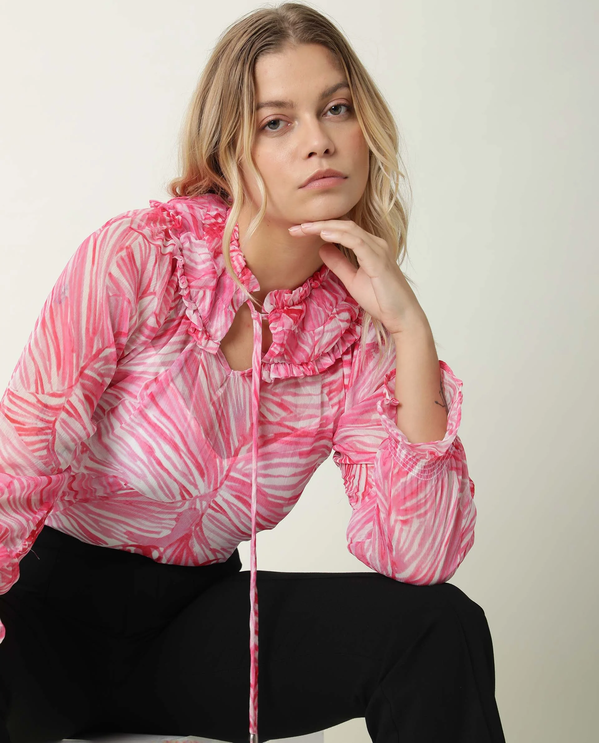 Rareism Women's Tonal Pink Sweetheart Neck Printed Knee Length Tailored Top