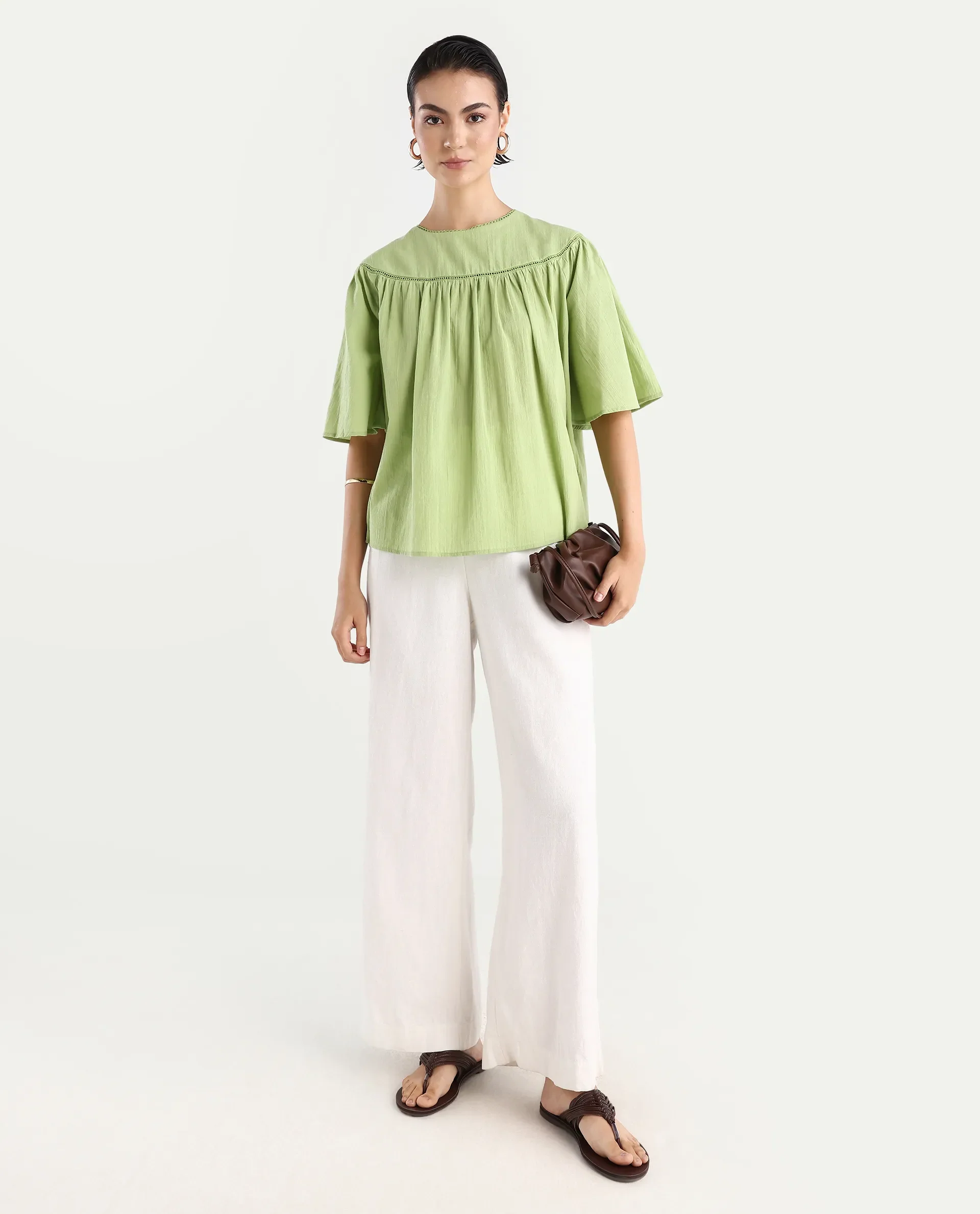 Rareism Women's Tonala Green Cotton Blend Crew Neck Plain Raglan Sleeve Relaxed Fit Top - Image 2