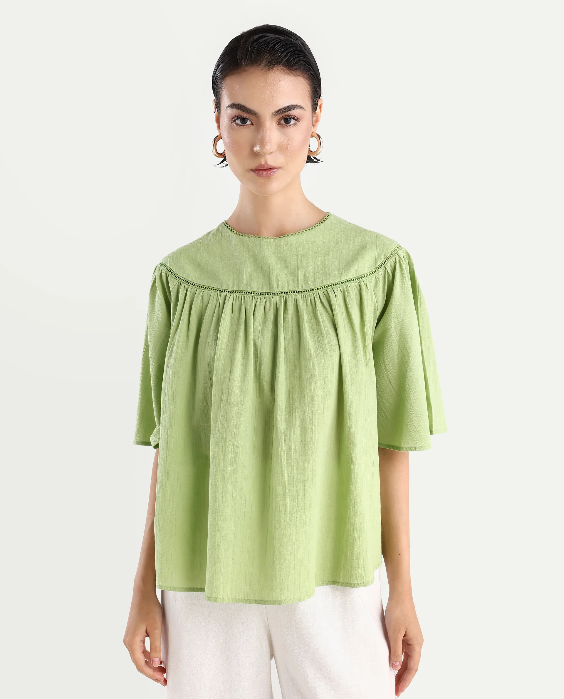 Rareism Women's Tonala Green Cotton Blend Crew Neck Plain Raglan Sleeve Relaxed Fit Top - Image 3