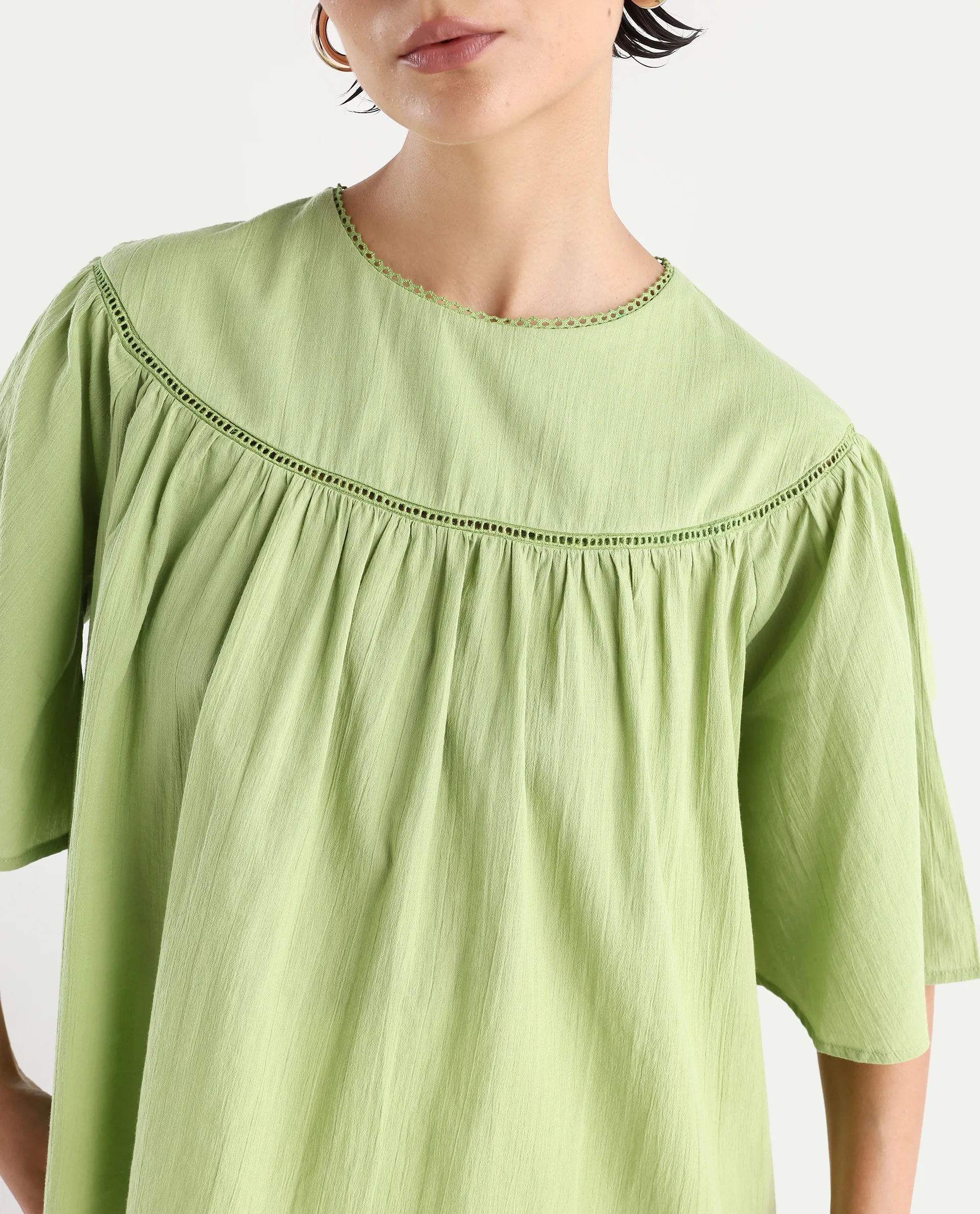 Rareism Women's Tonala Green Cotton Blend Crew Neck Plain Raglan Sleeve Relaxed Fit Top - Image 4