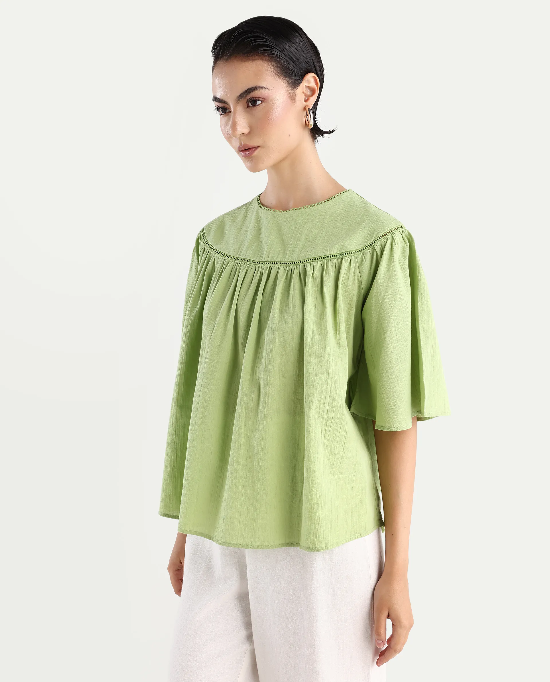 Rareism Women's Tonala Green Cotton Blend Crew Neck Plain Raglan Sleeve Relaxed Fit Top - Image 5