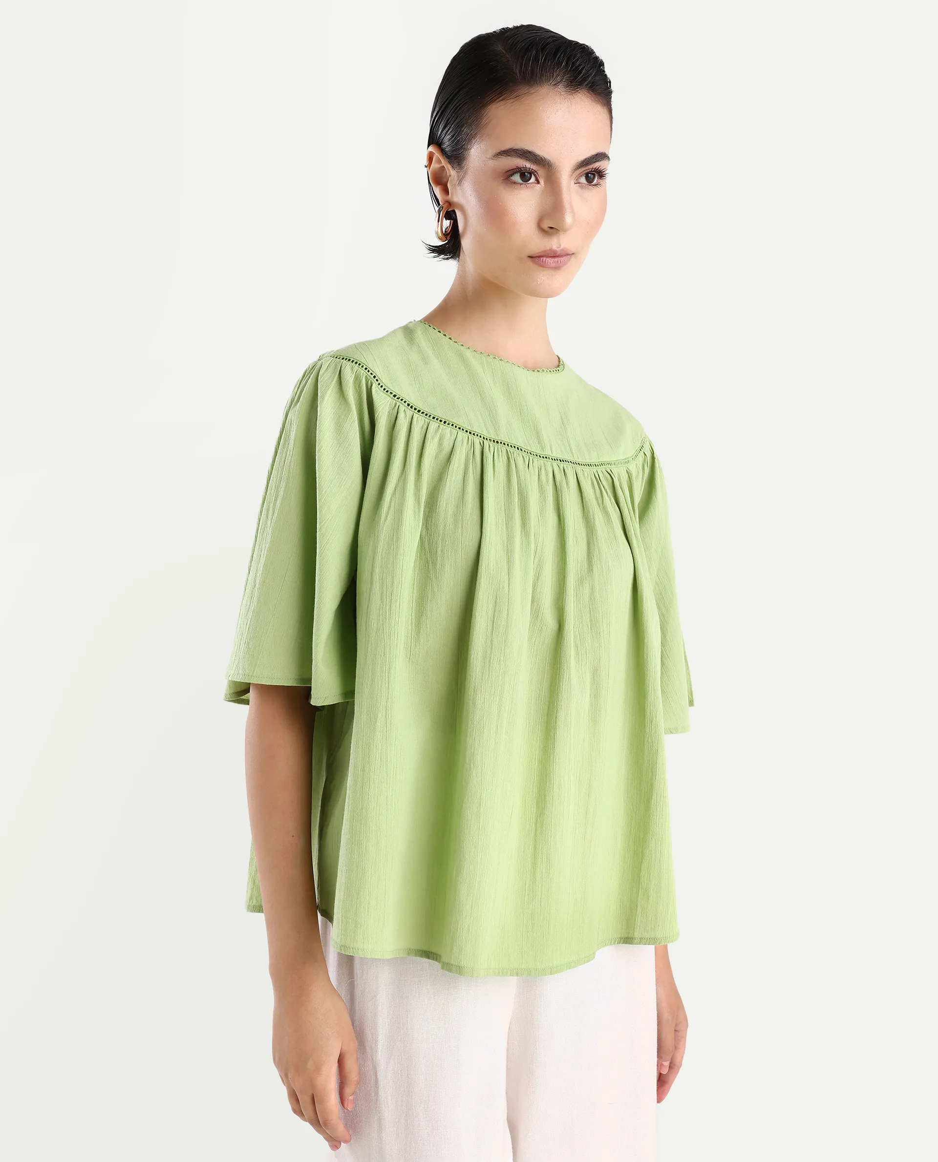 Rareism Women's Tonala Green Cotton Blend Crew Neck Plain Raglan Sleeve Relaxed Fit Top - Image 6