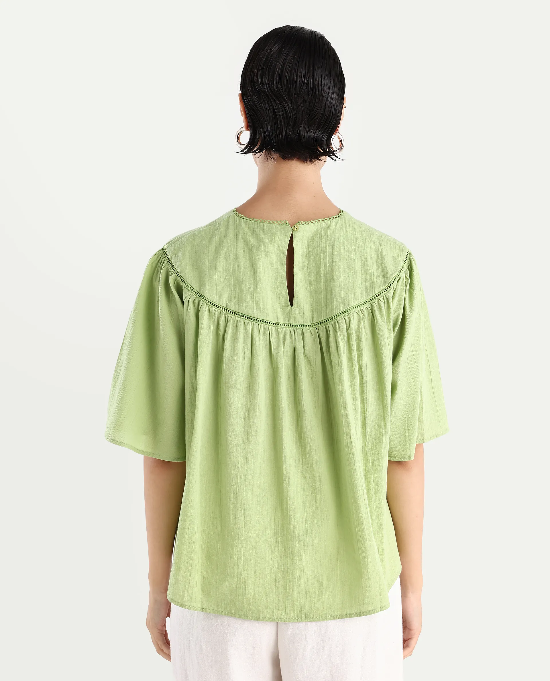 Rareism Women's Tonala Green Cotton Blend Crew Neck Plain Raglan Sleeve Relaxed Fit Top - Image 7