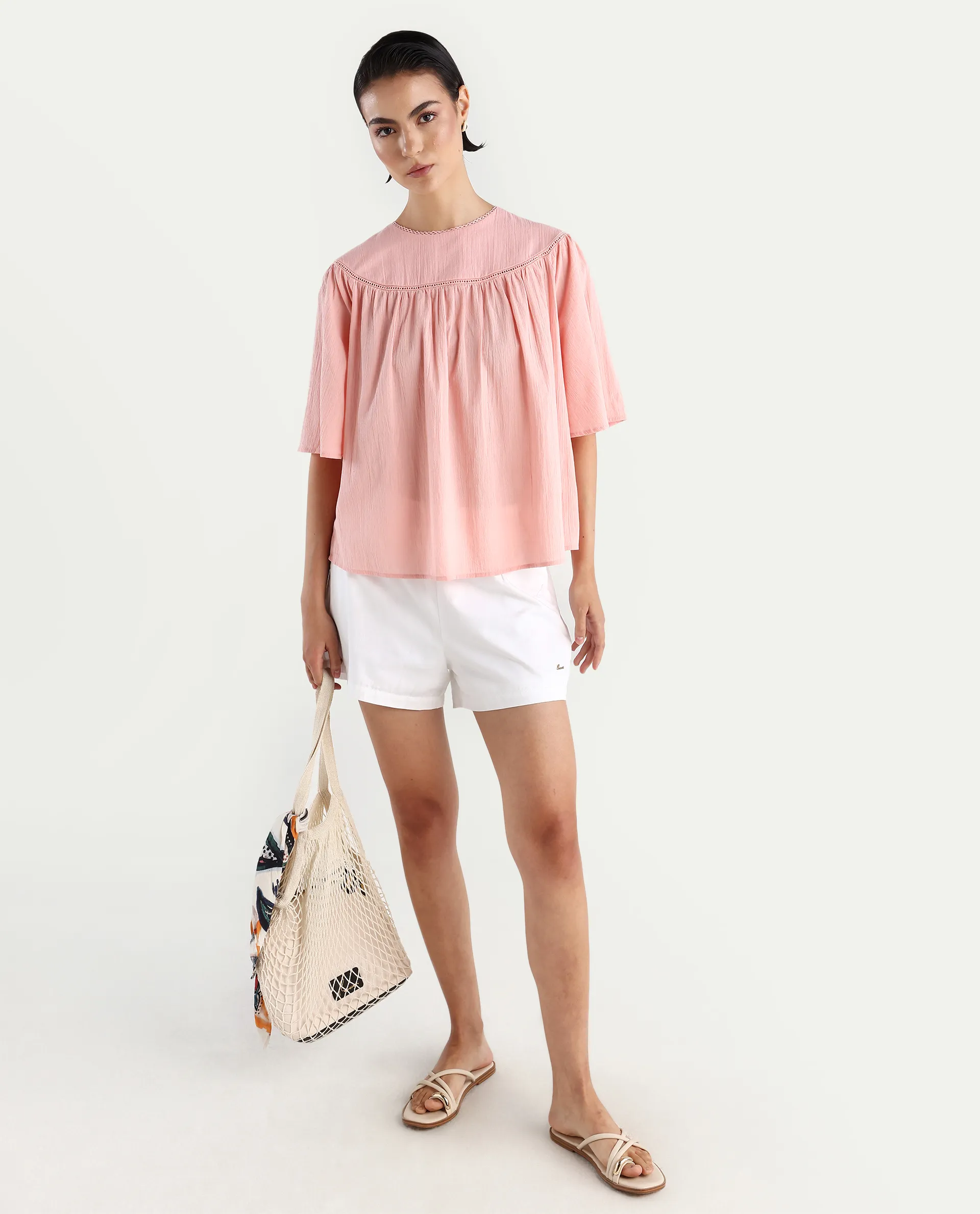Rareism Women's Tonala Light Pink Cotton Blend Crew Neck Plain Raglan Sleeve Relaxed Fit Top - Image 2