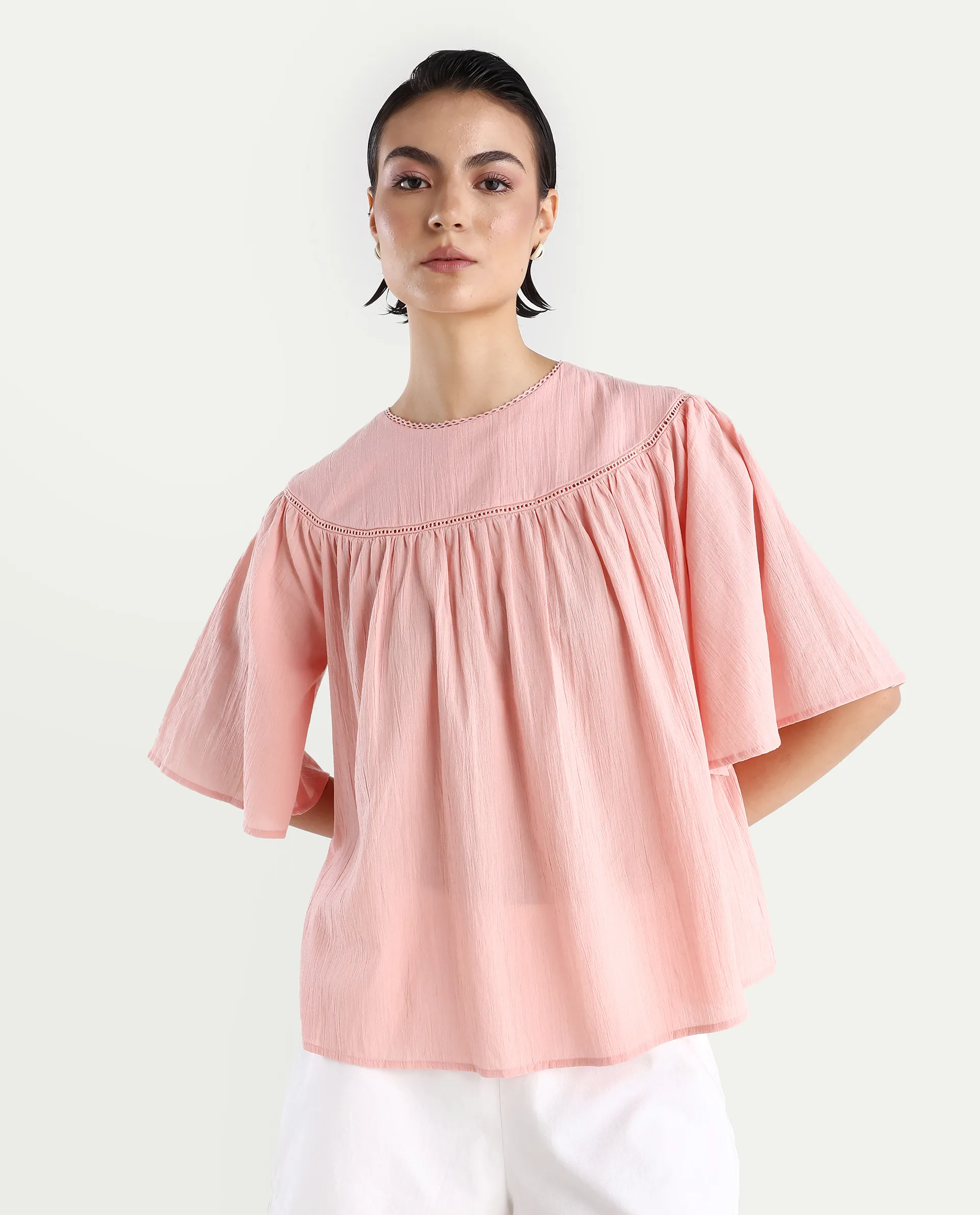 Rareism Women's Tonala Light Pink Cotton Blend Crew Neck Plain Raglan Sleeve Relaxed Fit Top - Image 3