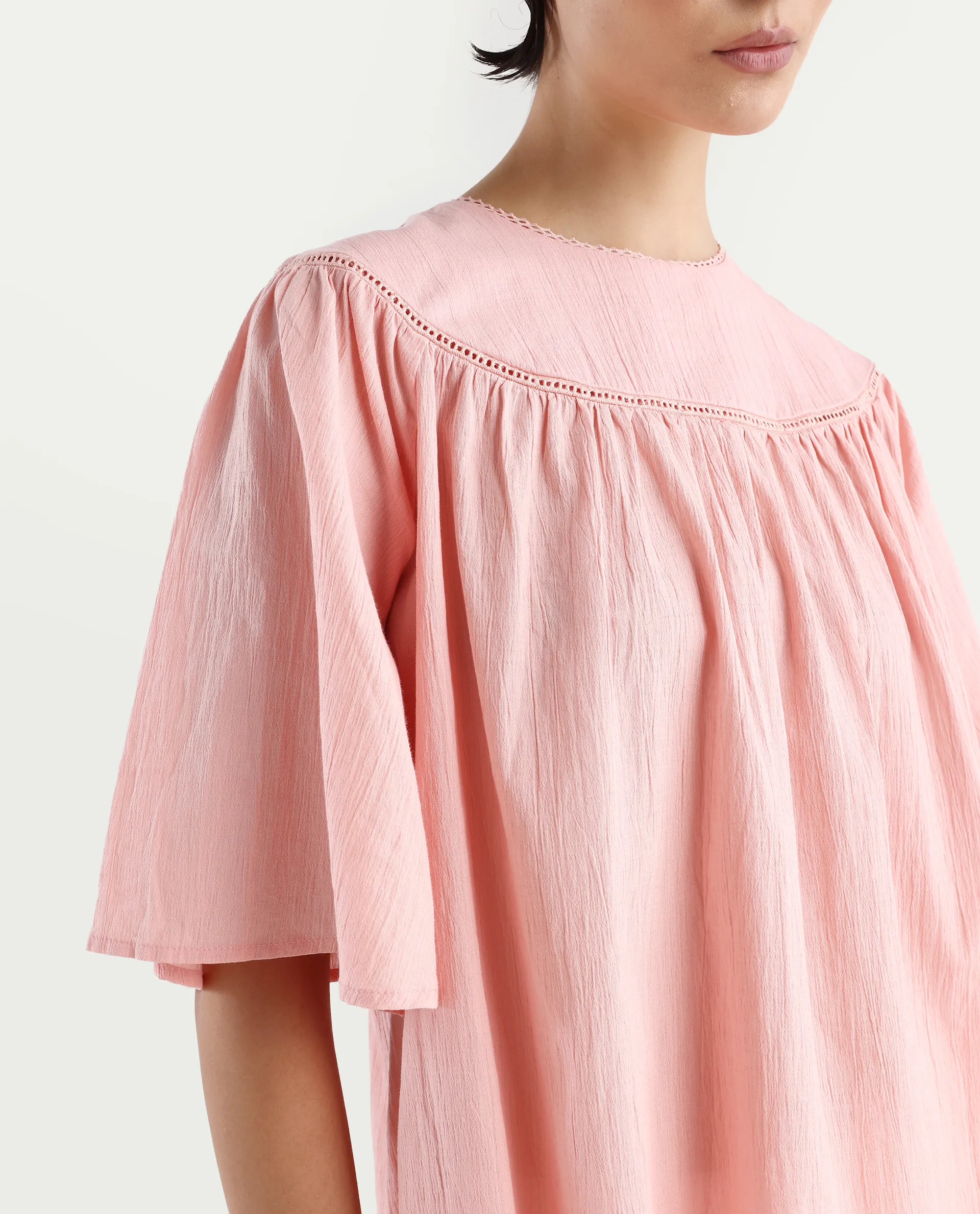 Rareism Women's Tonala Light Pink Cotton Blend Crew Neck Plain Raglan Sleeve Relaxed Fit Top - Image 4