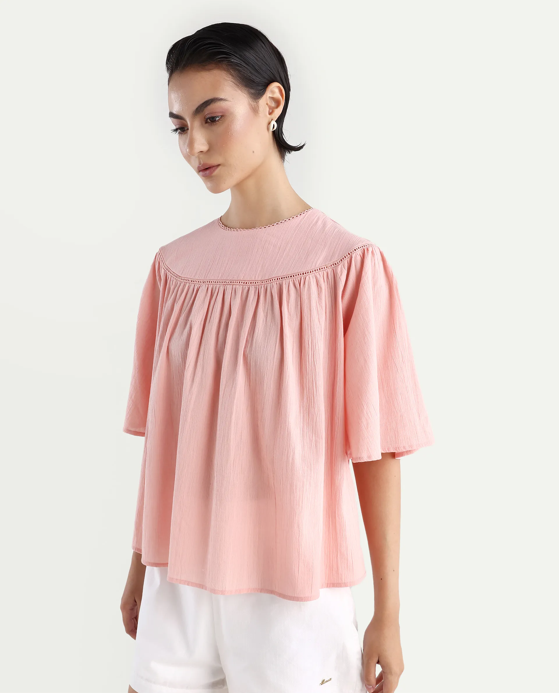 Rareism Women's Tonala Light Pink Cotton Blend Crew Neck Plain Raglan Sleeve Relaxed Fit Top - Image 5