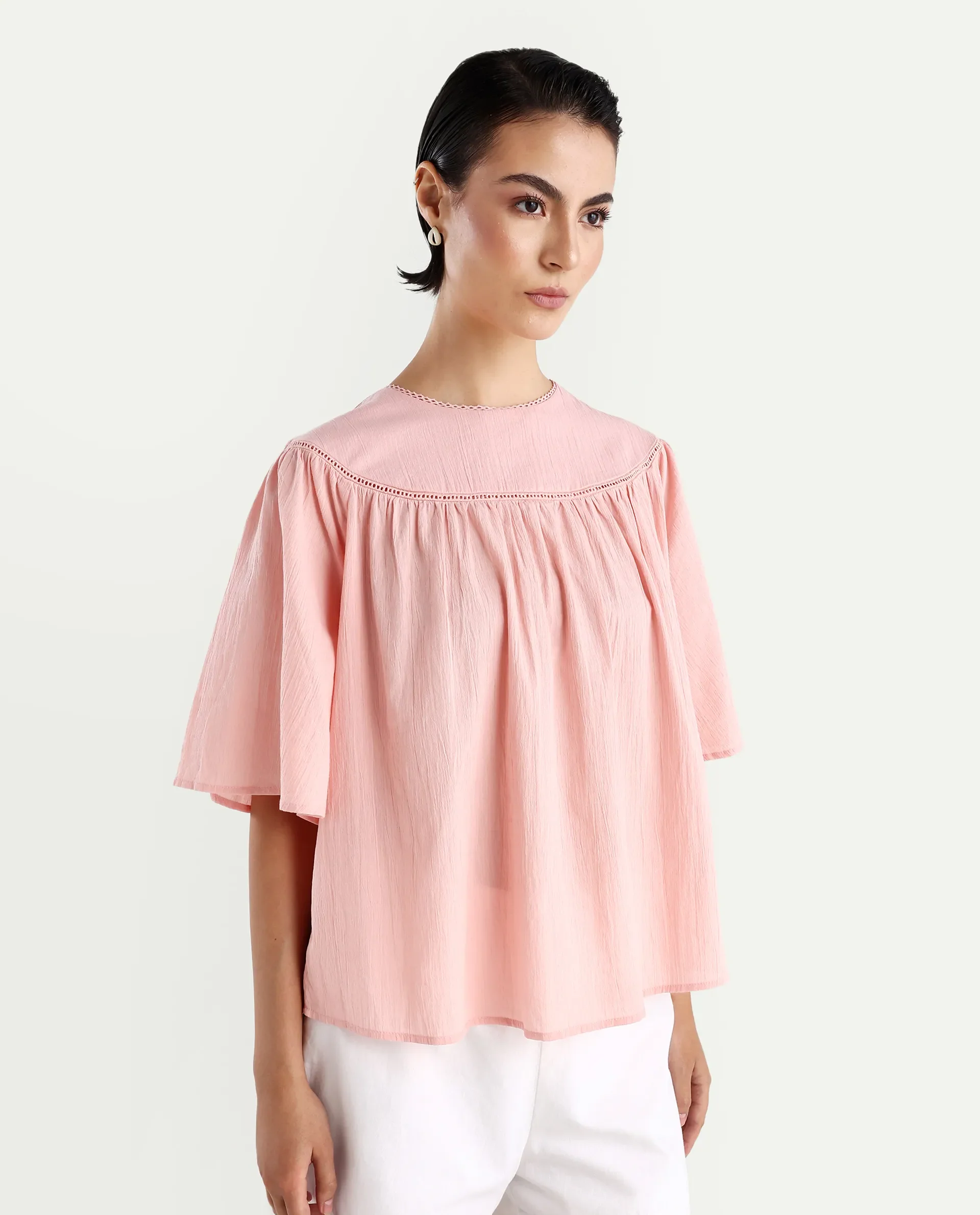 Rareism Women's Tonala Light Pink Cotton Blend Crew Neck Plain Raglan Sleeve Relaxed Fit Top - Image 6