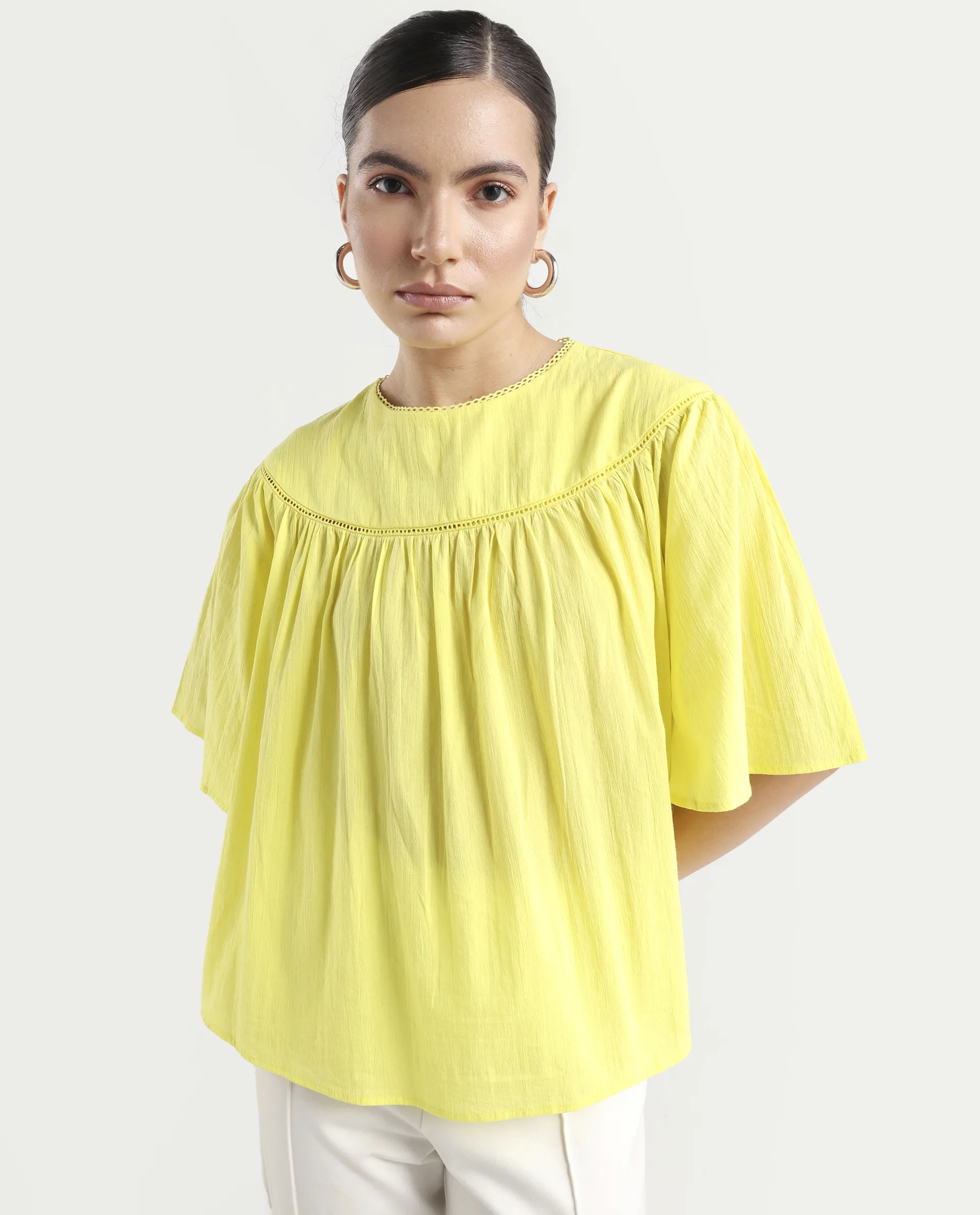 Rareism Women's Tonala Yellow Cotton Blend Crew Neck Plain Raglan Sleeve Relaxed Fit Top