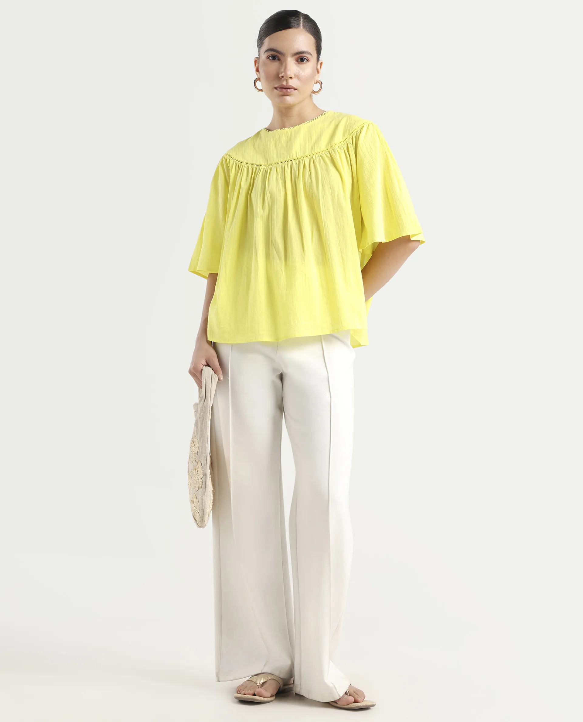 Rareism Women's Tonala Yellow Cotton Blend Crew Neck Plain Raglan Sleeve Relaxed Fit Top - Image 2