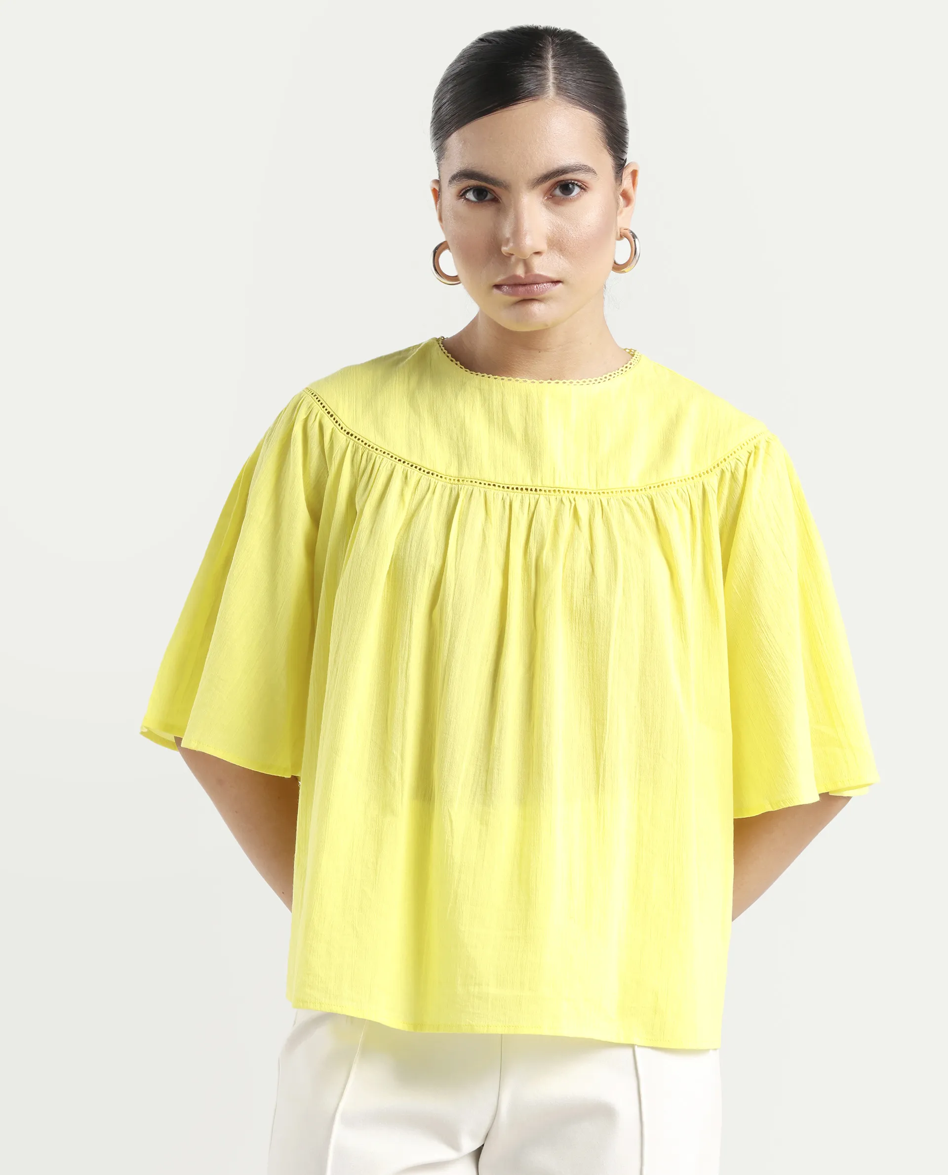 Rareism Women's Tonala Yellow Cotton Blend Crew Neck Plain Raglan Sleeve Relaxed Fit Top - Image 3