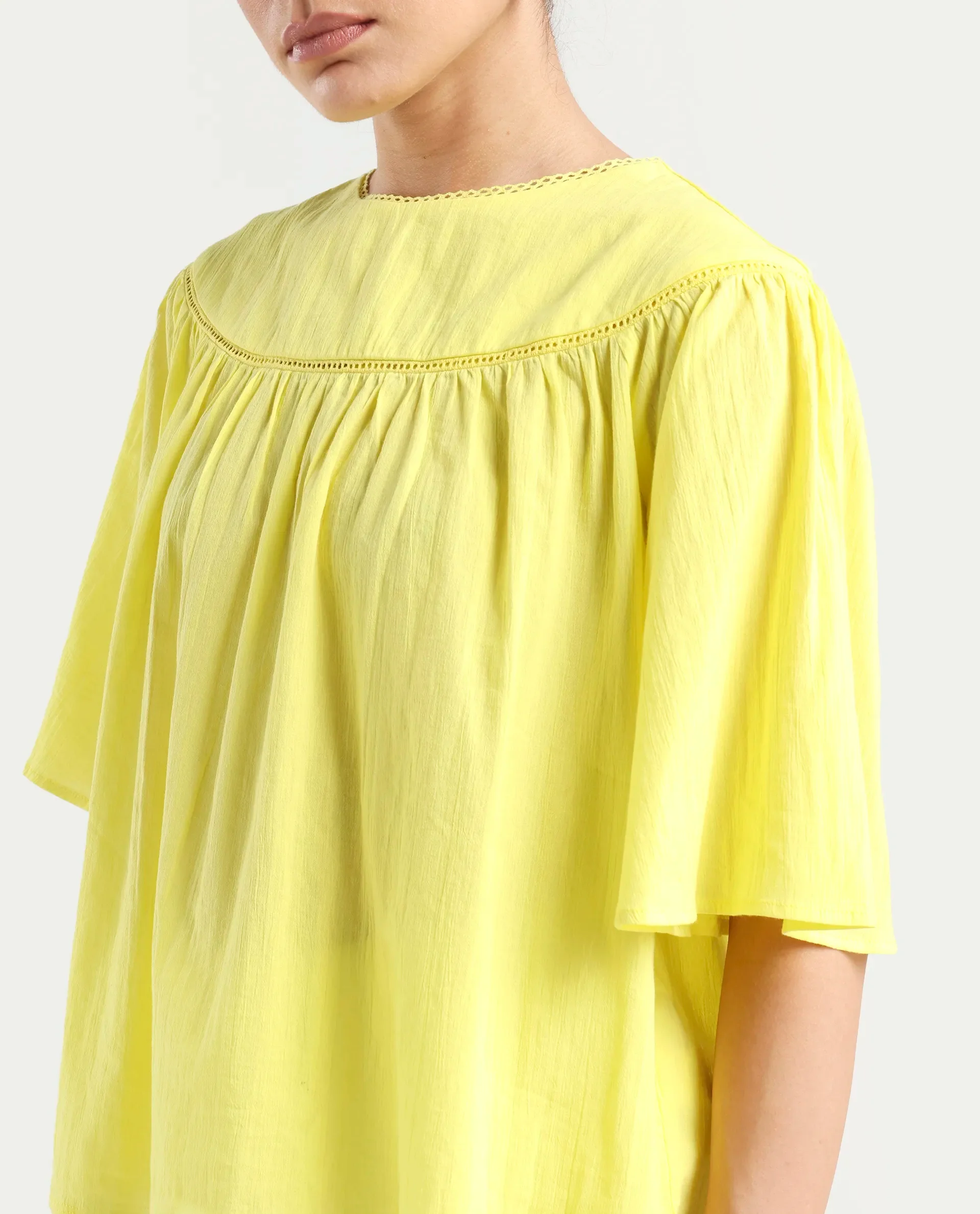 Rareism Women's Tonala Yellow Cotton Blend Crew Neck Plain Raglan Sleeve Relaxed Fit Top - Image 4
