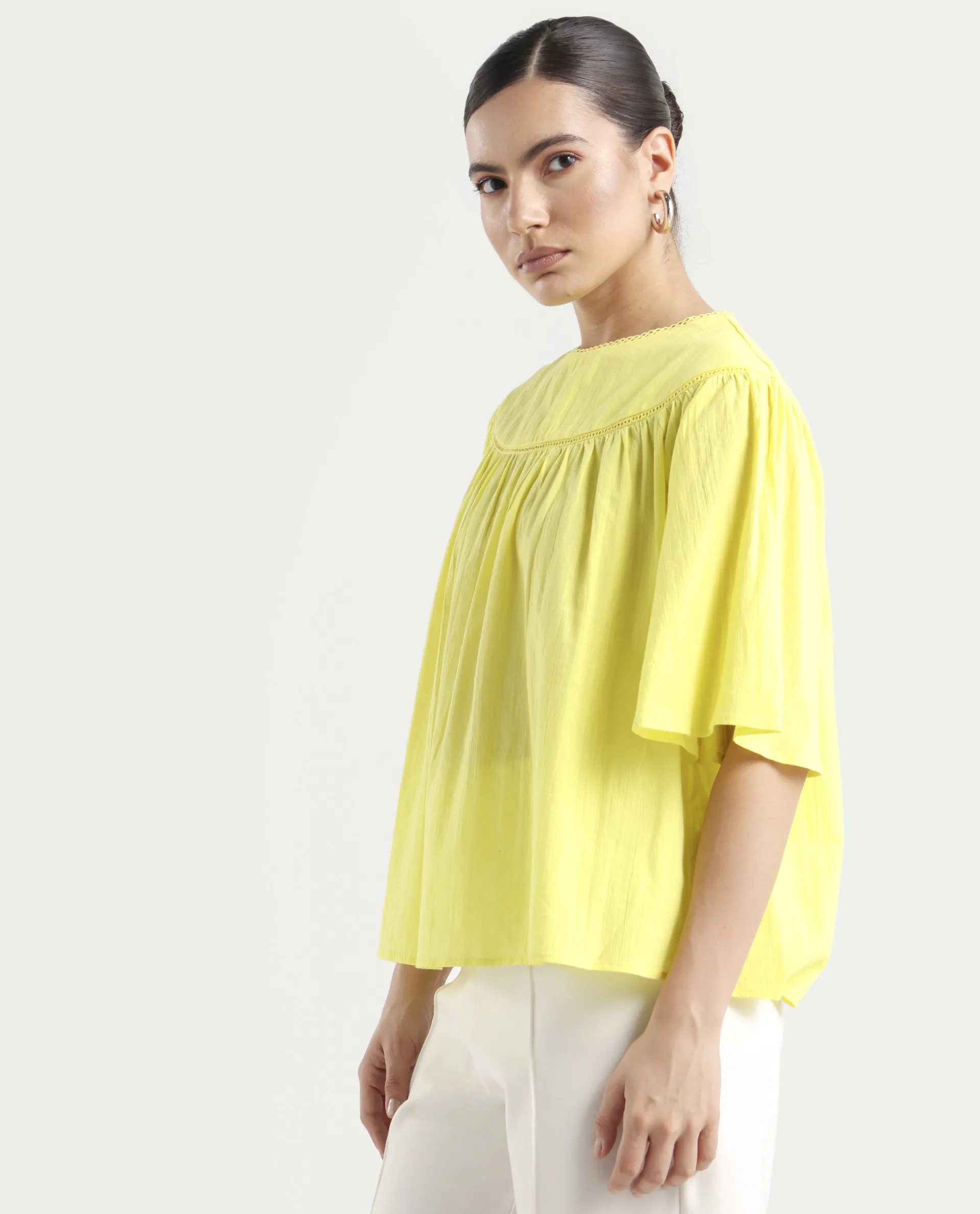 Rareism Women's Tonala Yellow Cotton Blend Crew Neck Plain Raglan Sleeve Relaxed Fit Top - Image 5